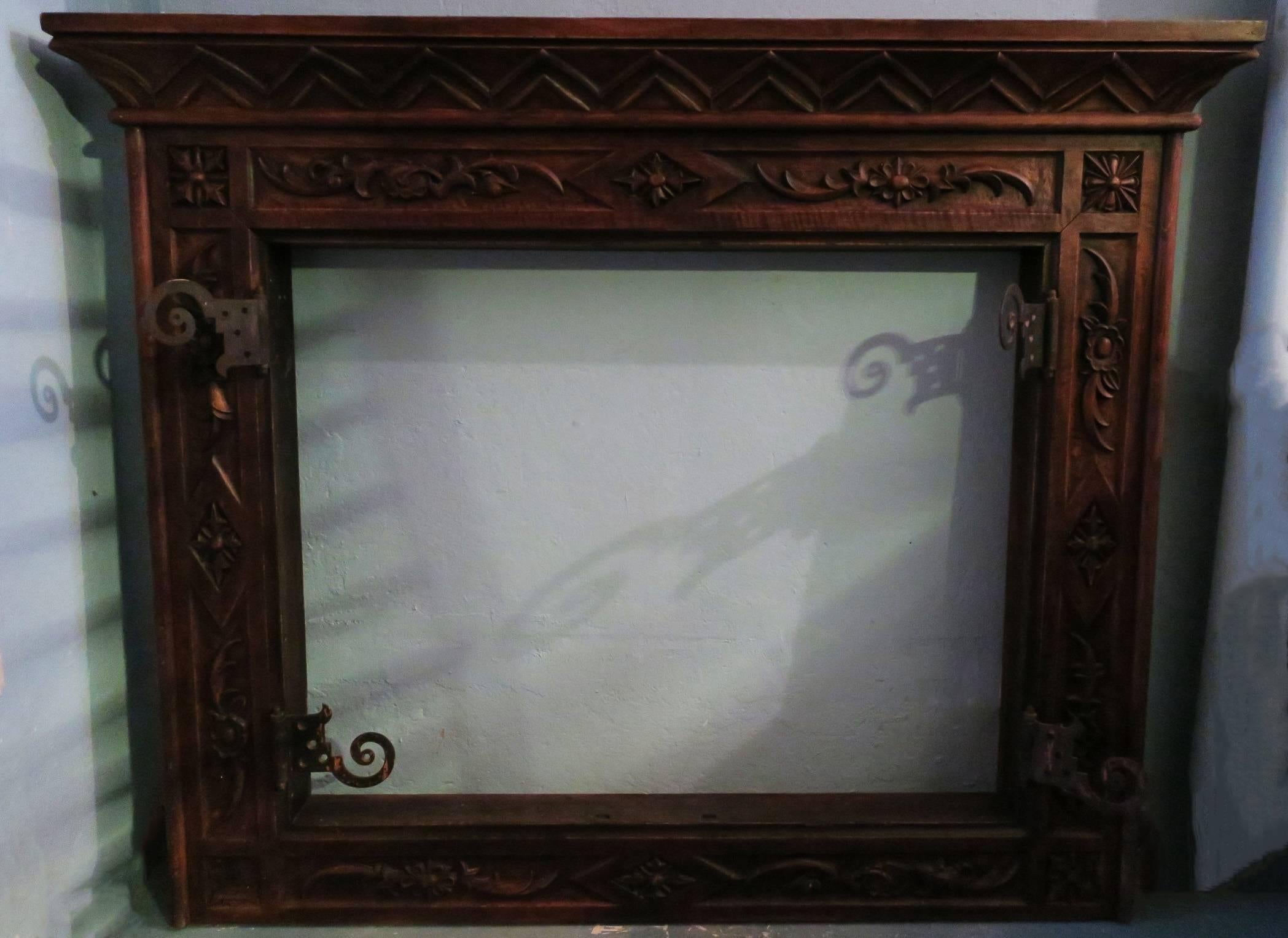 Art Deco Fireplace Carved Wood and Wrought Iron For Sale 1