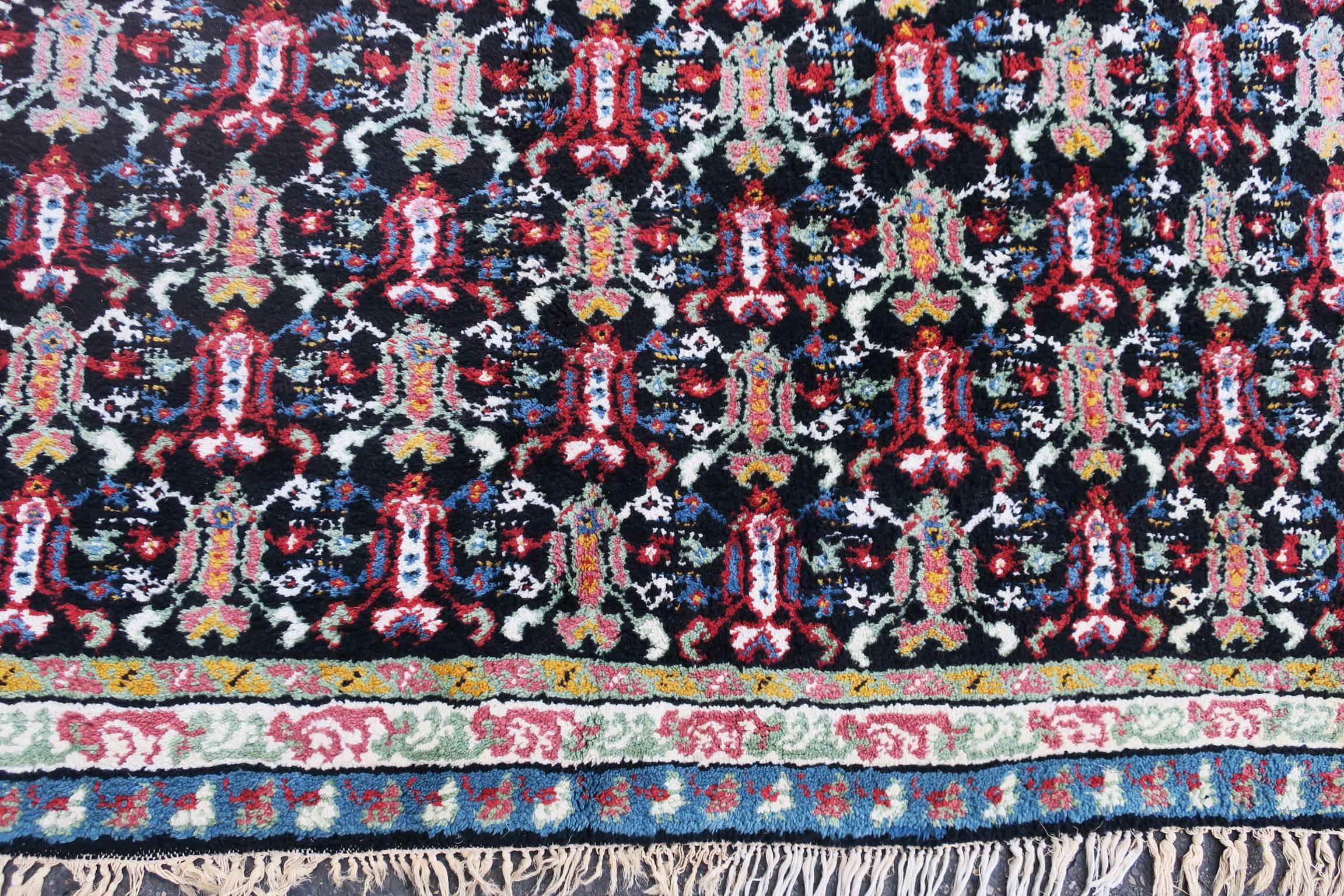 Tunisian North African Carpet with Multicolored Lattice Pattern on Black Background For Sale