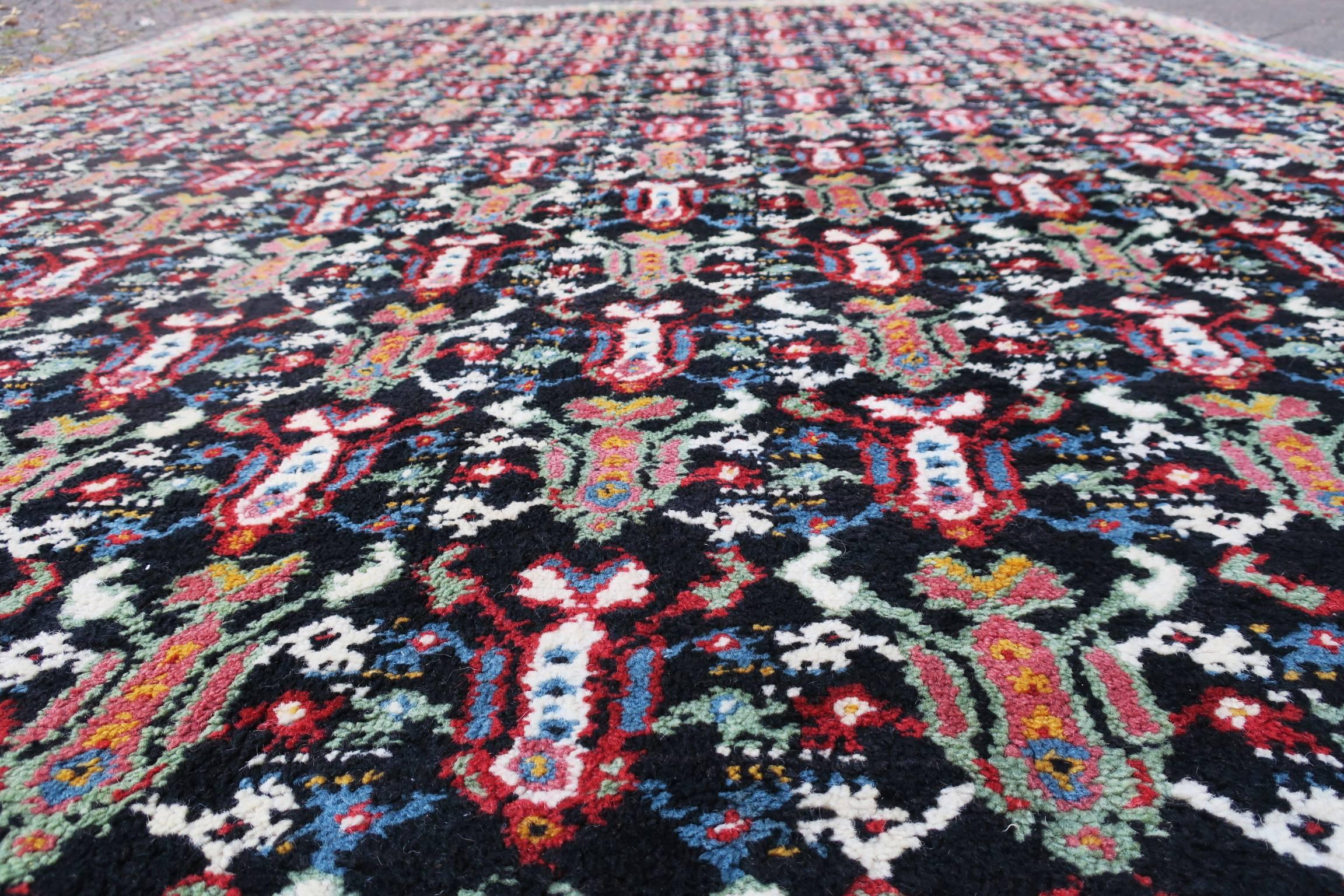 Wool North African Carpet with Multicolored Lattice Pattern on Black Background For Sale