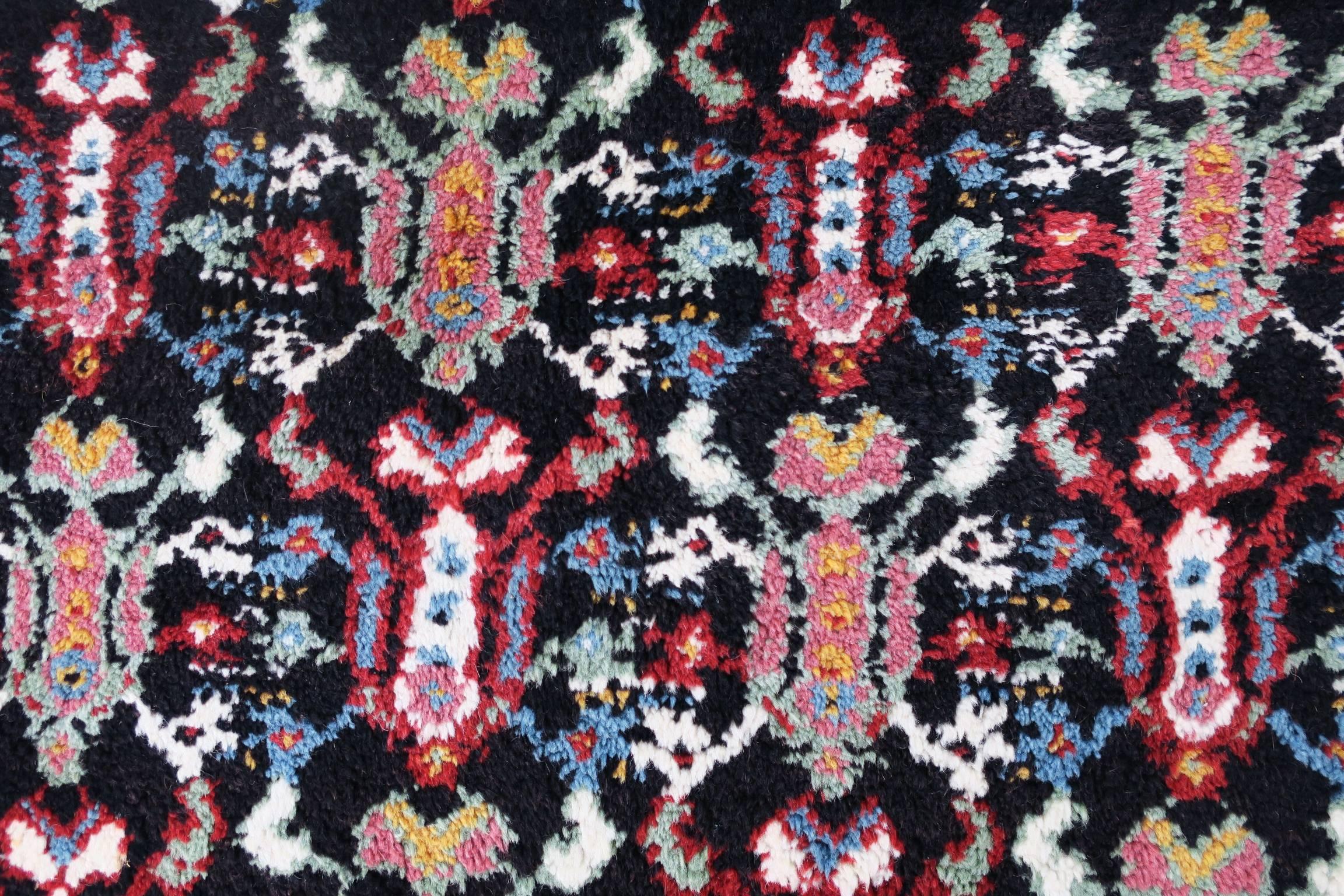 North African Carpet with Multicolored Lattice Pattern on Black Background For Sale 2