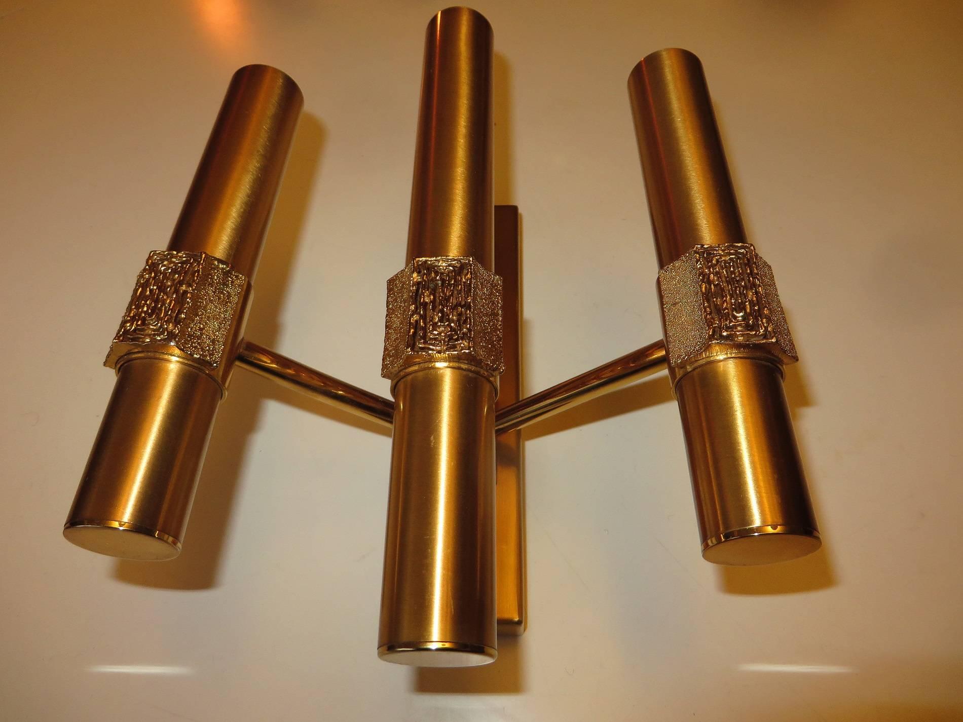 Mid-Century Modern Angelo Brotto Three Midcentury Brass Sconces Finely Decorated For Sale