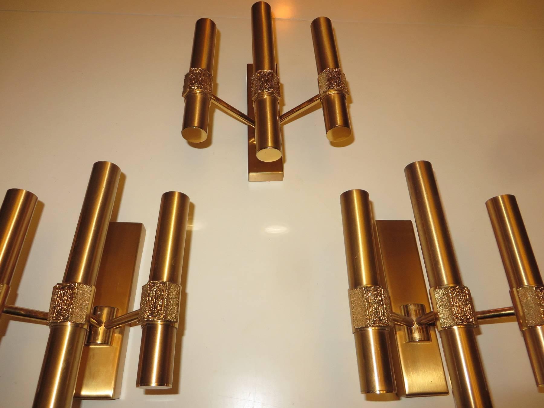 Italian Angelo Brotto Three Midcentury Brass Sconces Finely Decorated For Sale