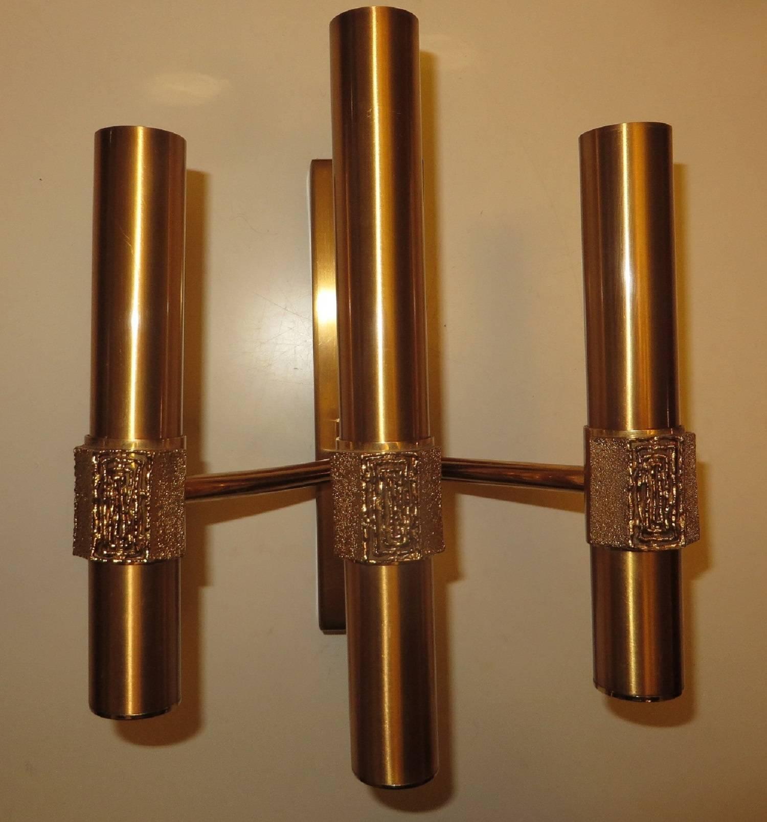 20th Century Angelo Brotto Three Midcentury Brass Sconces Finely Decorated For Sale
