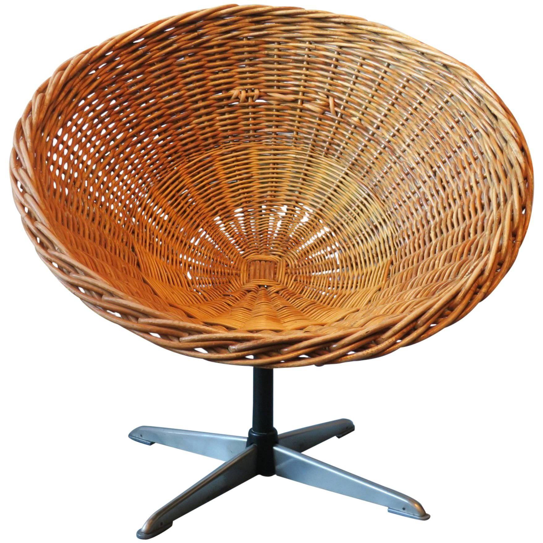 Rattan and Iron Swivel Pod Chair, Midcentury For Sale