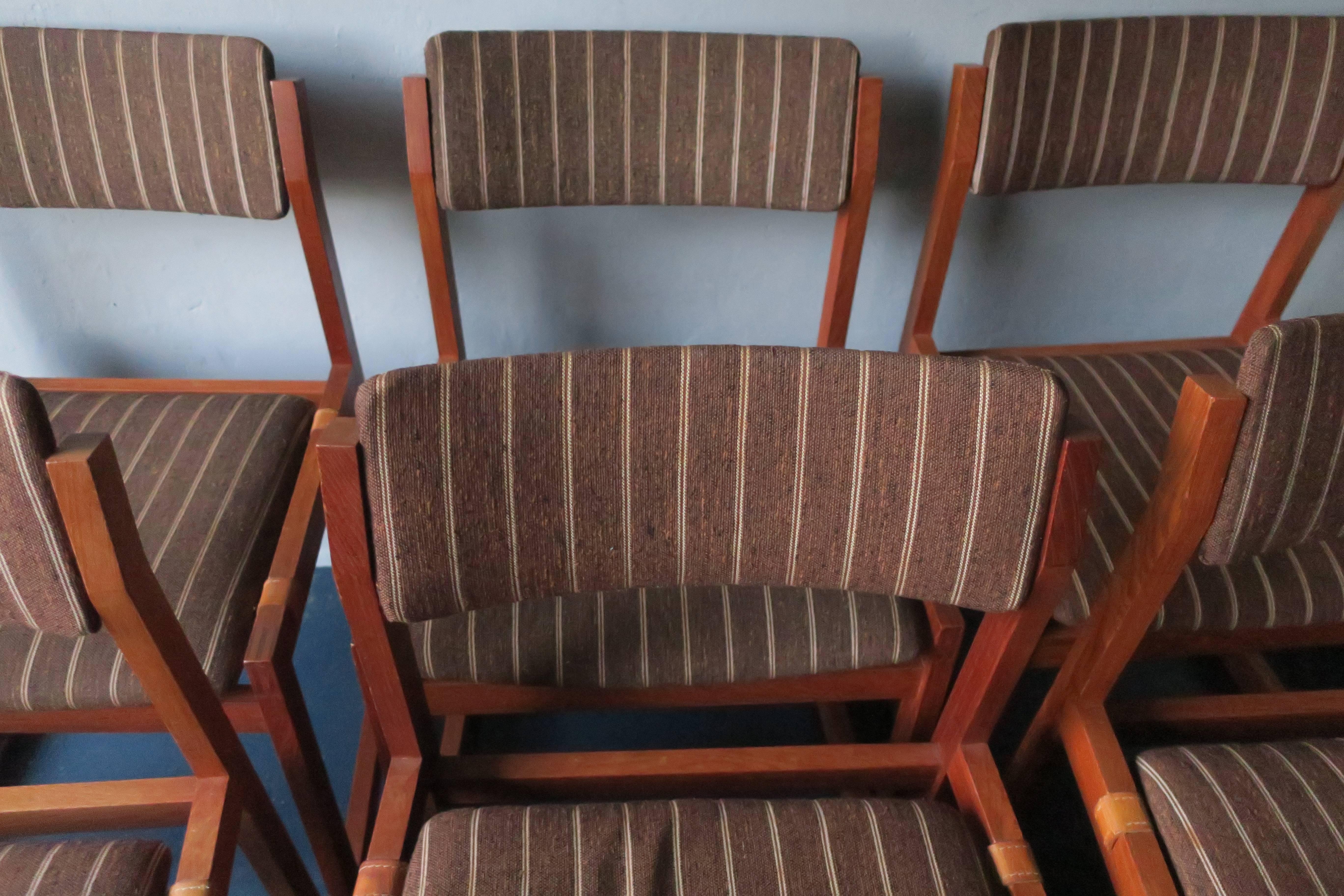 Set of six Danish Korup Stolefabrik dining room chairs in teak.
Square shape, very unusual design.
Unusual feature: the seats slung on leather straps.
Original striped covers in very good condition.