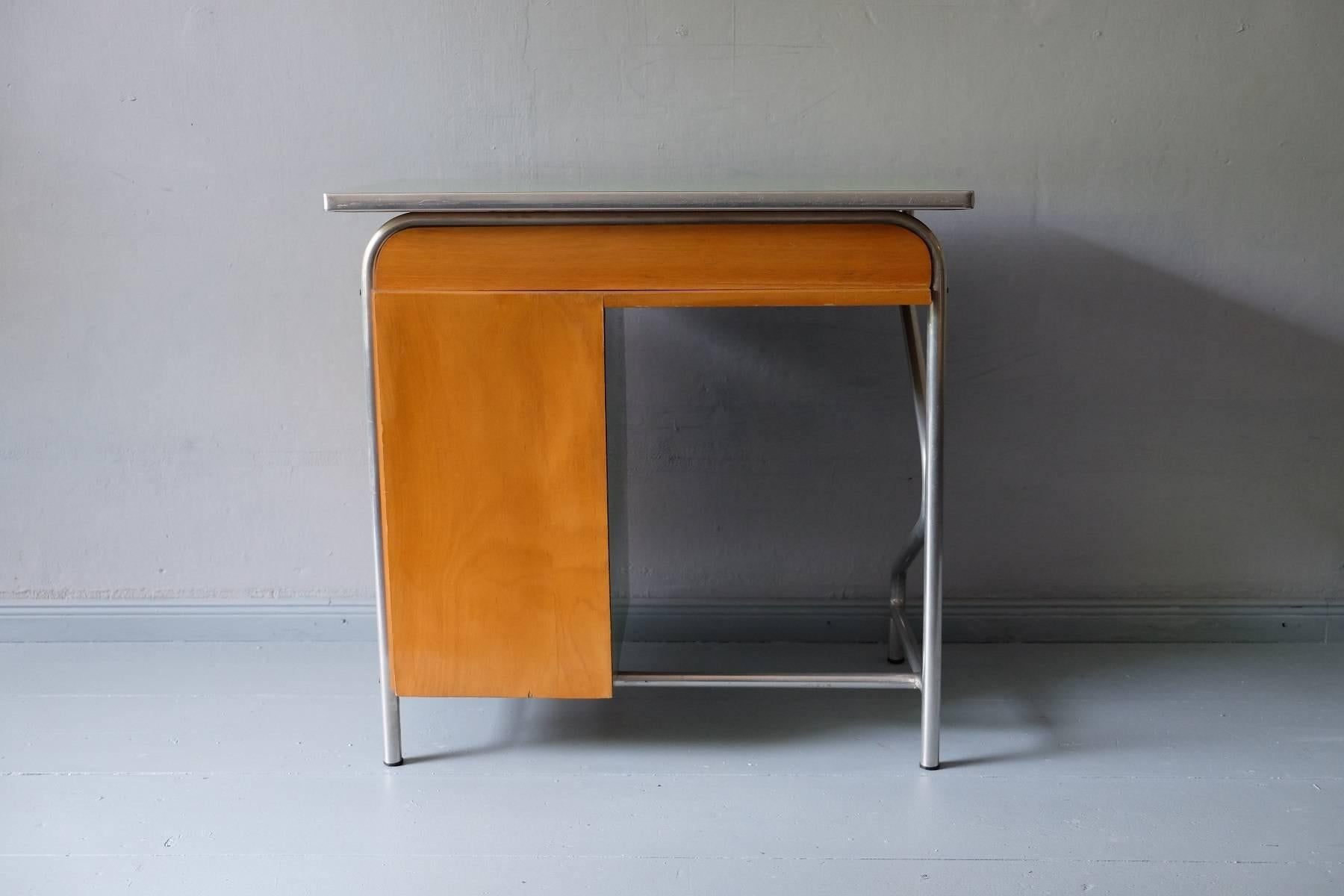 Aluminum Italian Small Desk and Chair Metal and Formica, 1950s