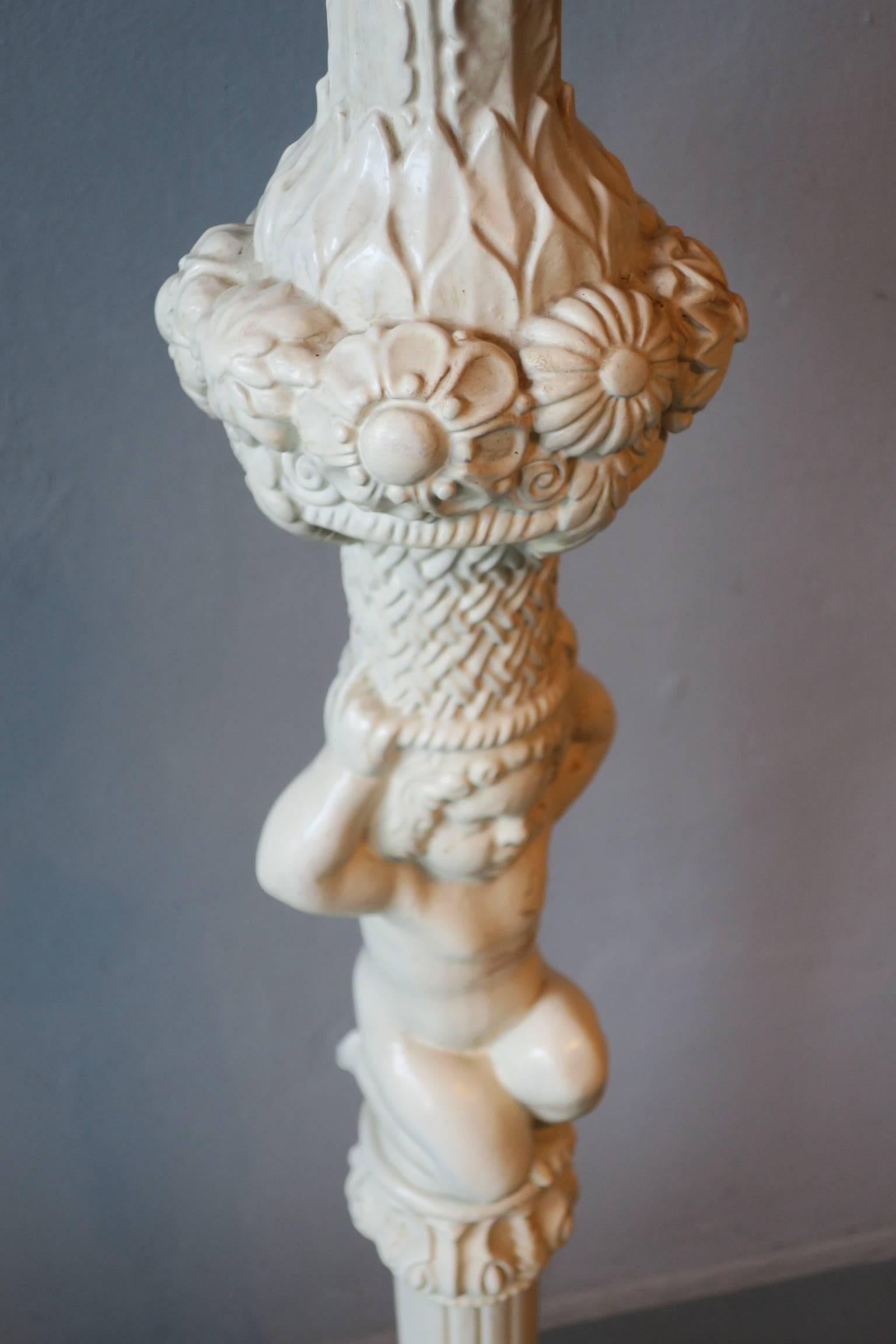European Carved and Painted Wood Floor Lamp Held by Putto with Original Silk Shade For Sale