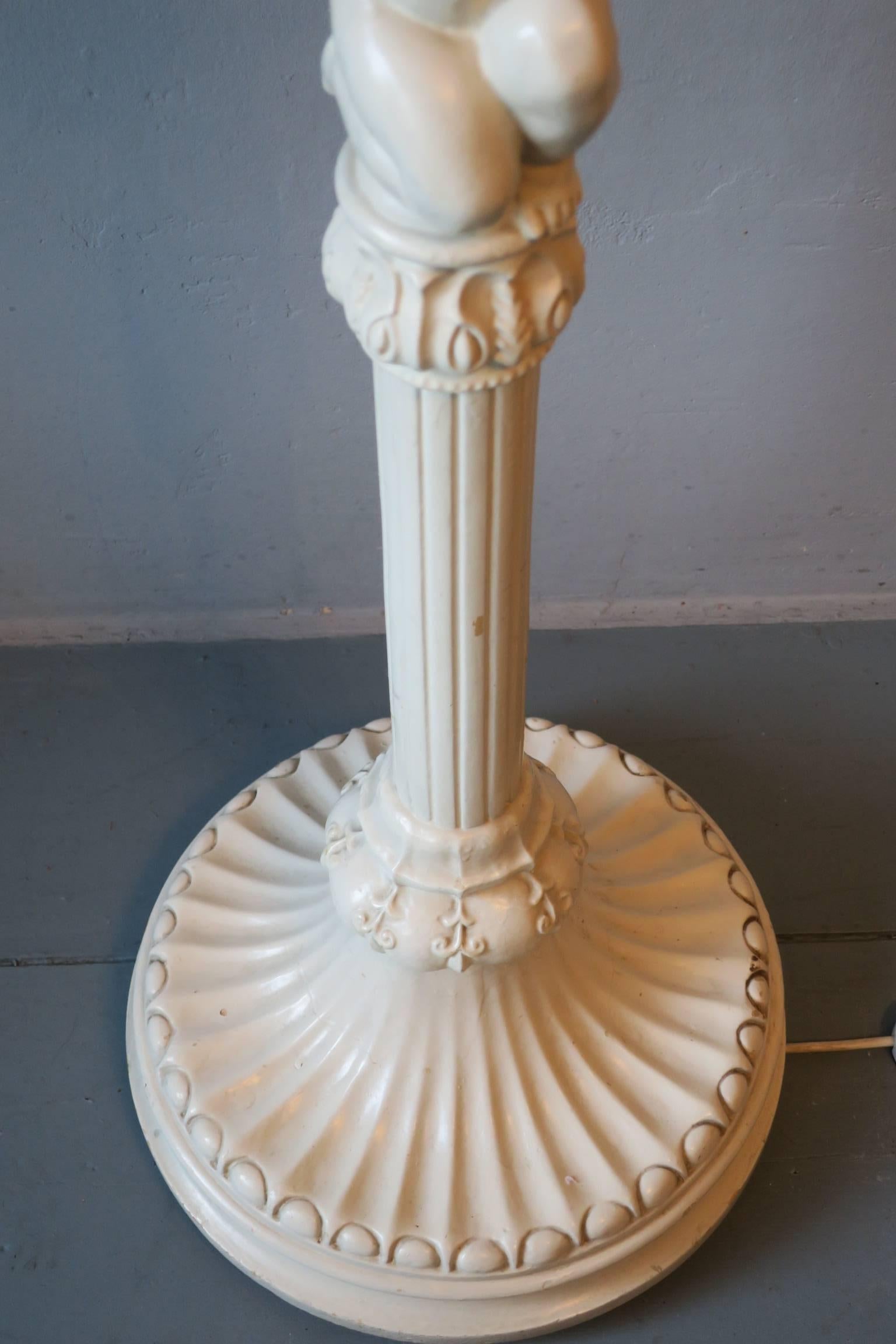 Carved and Painted Wood Floor Lamp Held by Putto with Original Silk Shade For Sale 1