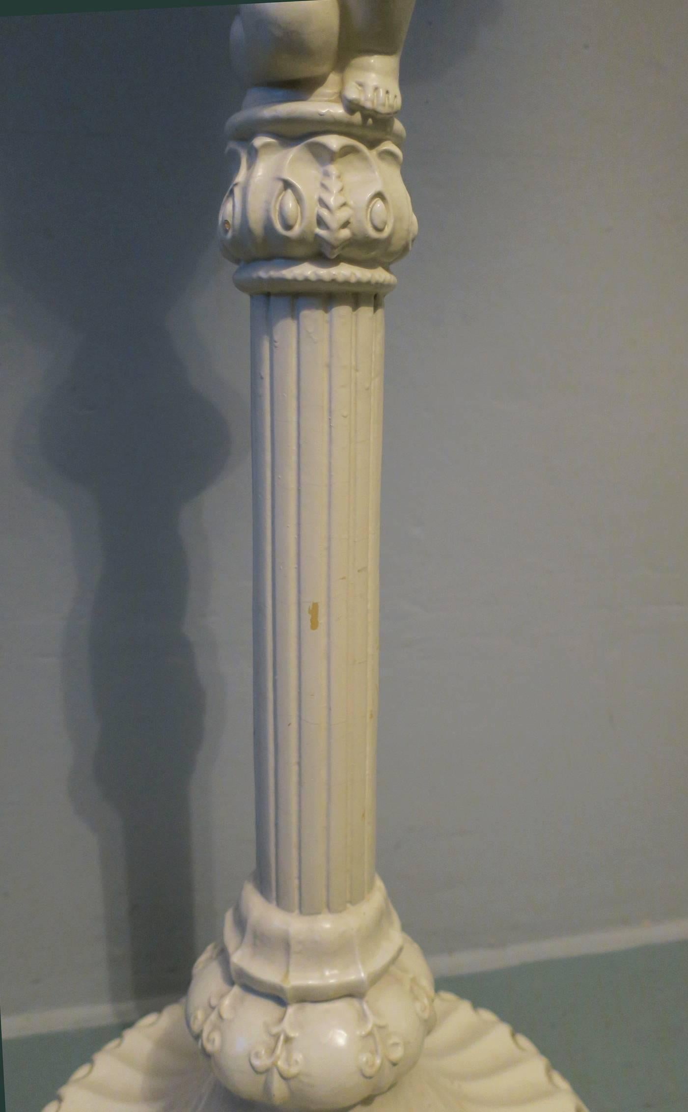 20th Century Carved and Painted Wood Floor Lamp Held by Putto with Original Silk Shade For Sale