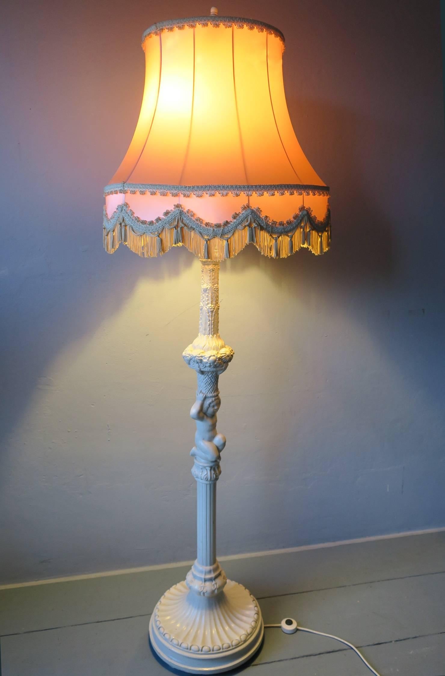 Carved and Painted Wood Floor Lamp Held by Putto with Original Silk Shade For Sale 3