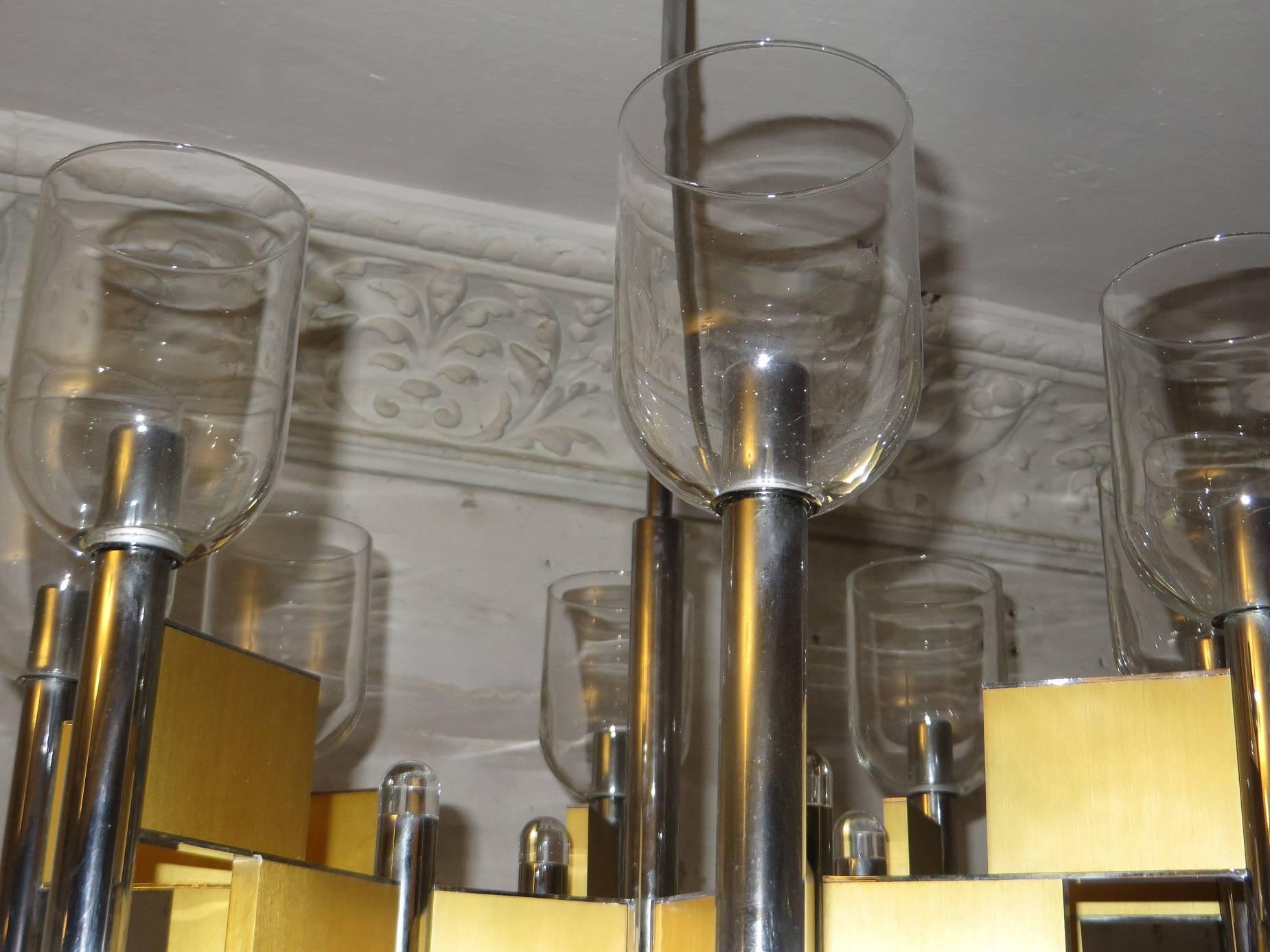 20th Century Sciolari Geometrical Brass Chandelier with Fine Glass Shades Eight Lights For Sale