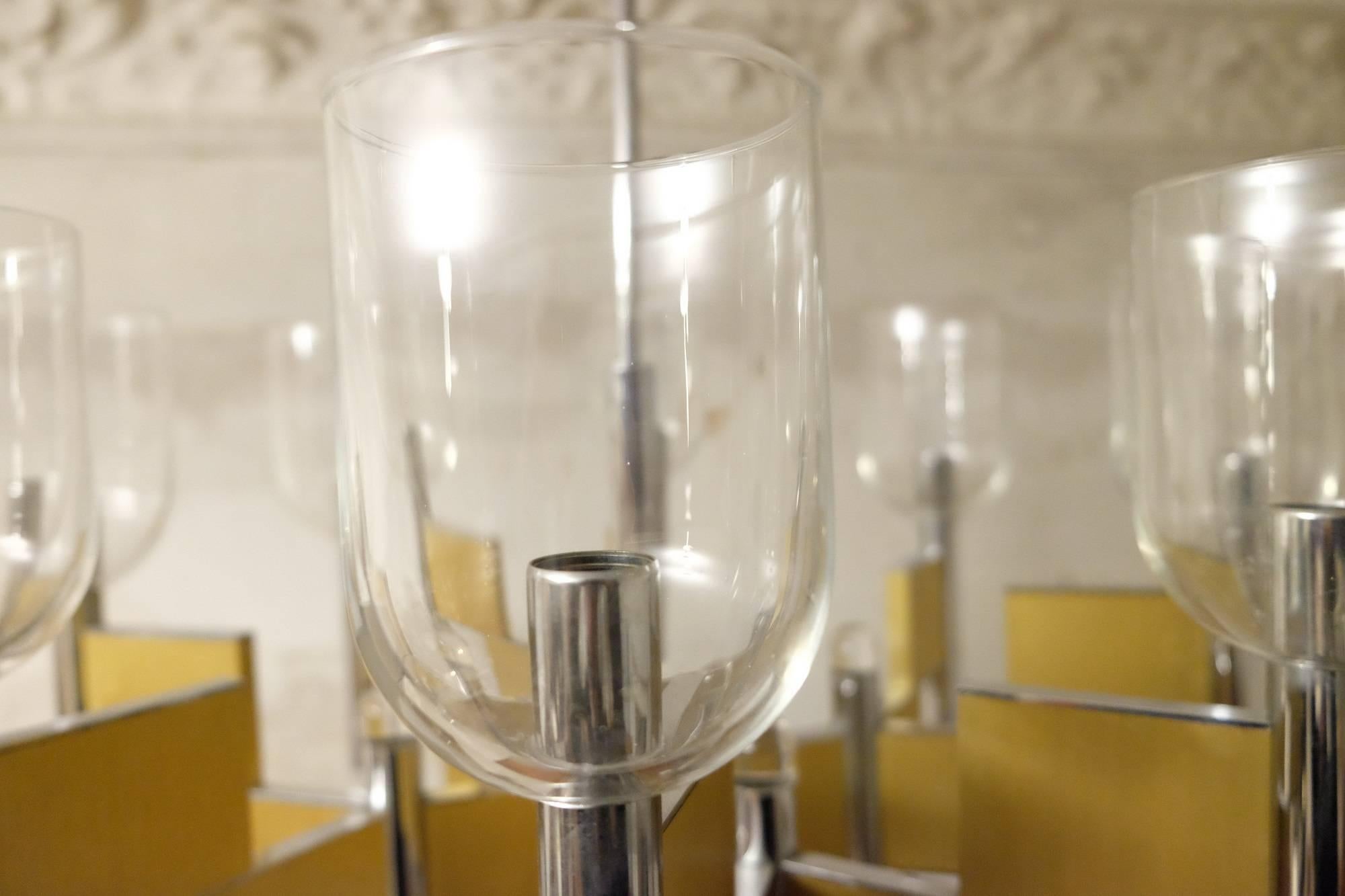 Sciolari Geometrical Brass Chandelier with Fine Glass Shades Eight Lights For Sale 1