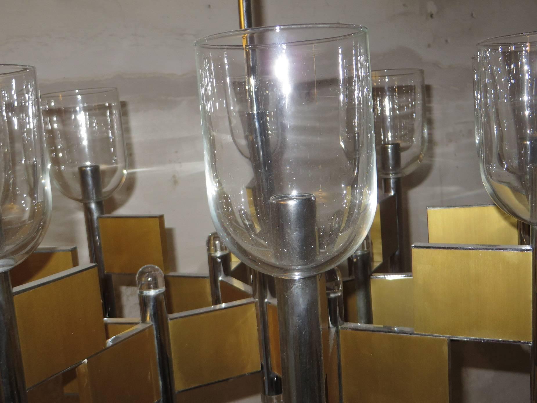Sciolari Geometrical Brass Chandelier with Fine Glass Shades Eight Lights For Sale 2