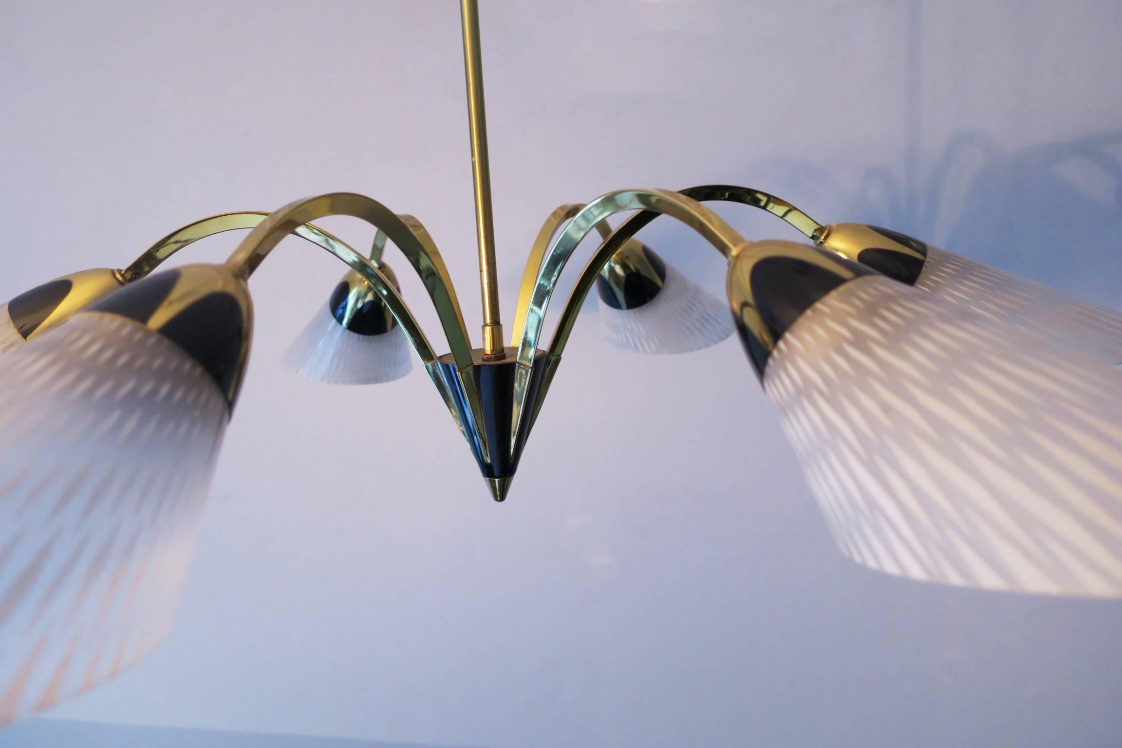20th Century Fine Brass and Glass Six-Light Chandelier 1950s For Sale