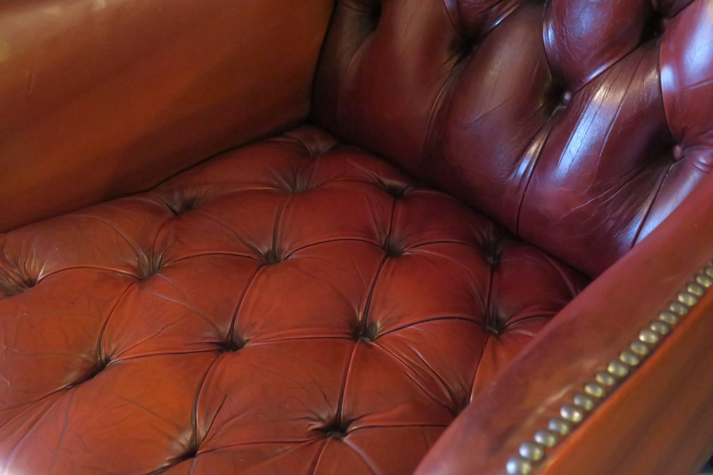 European Vintage Tufted Chesterfield Wingback in Warm Brown Leather For Sale