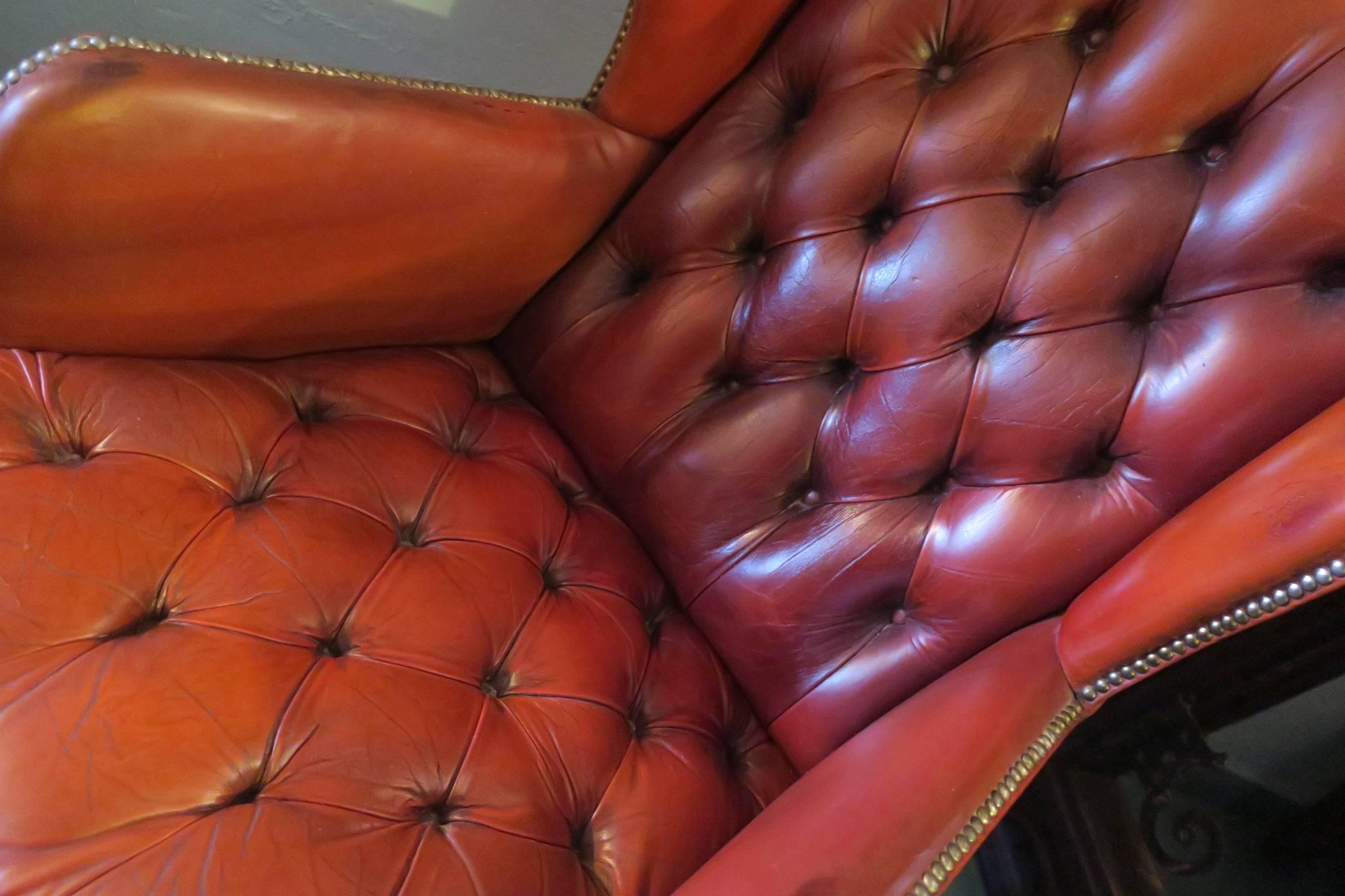 20th Century Vintage Tufted Chesterfield Wingback in Warm Brown Leather For Sale