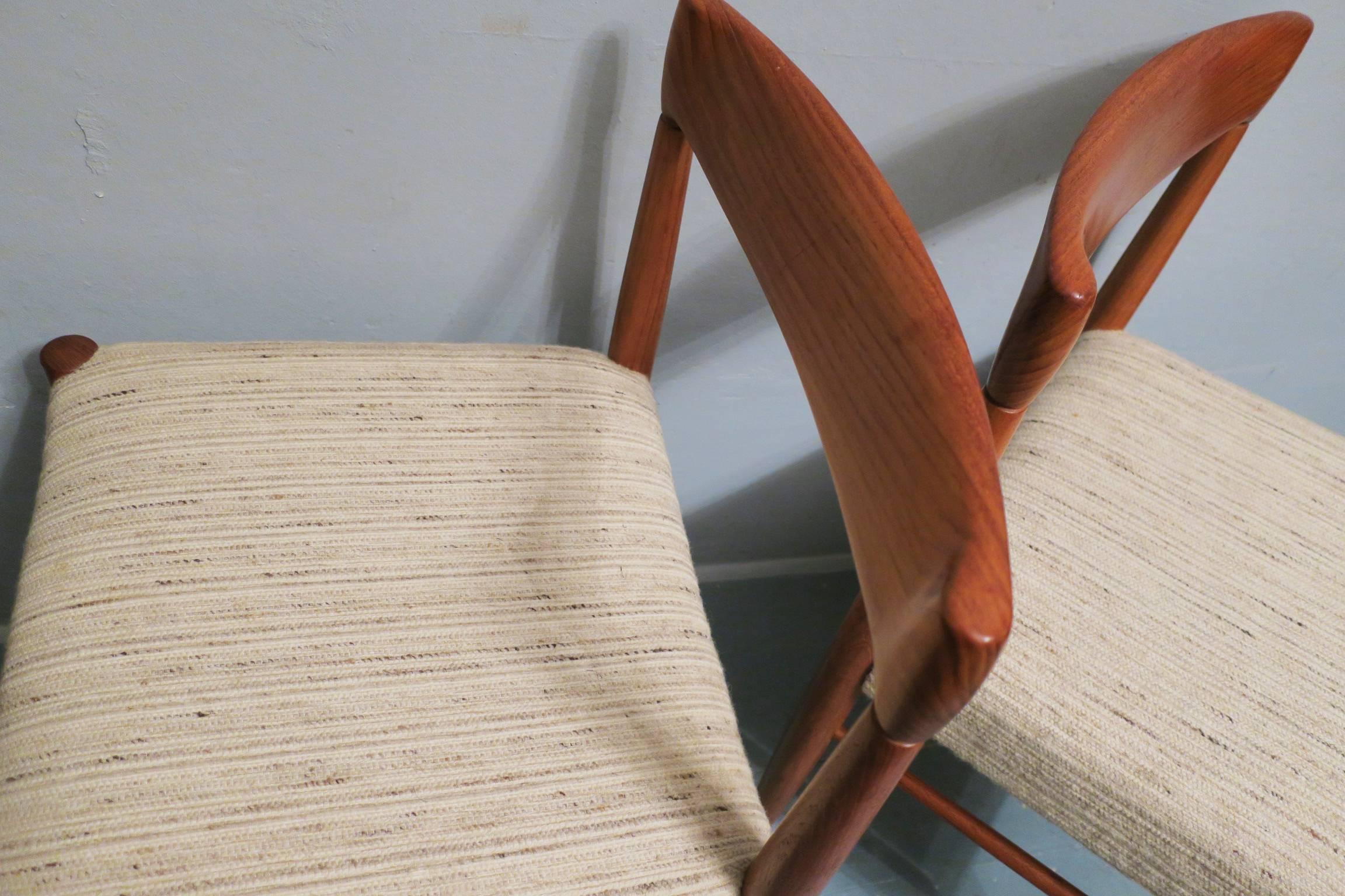 Pair of teak chairs designed by Henry W Klein for Bramin, Denmark, 1960s.
Original wool seat covering.
