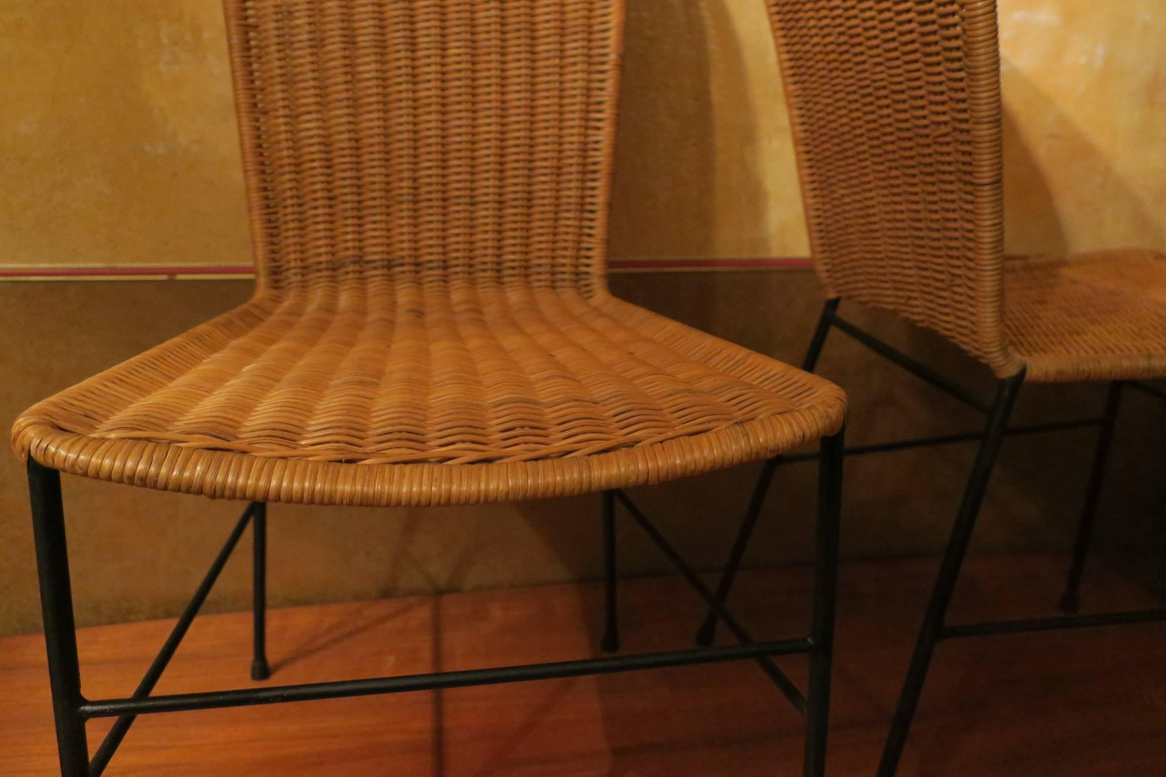 European Set of Four Mid-Century Rattan and Iron Chairs