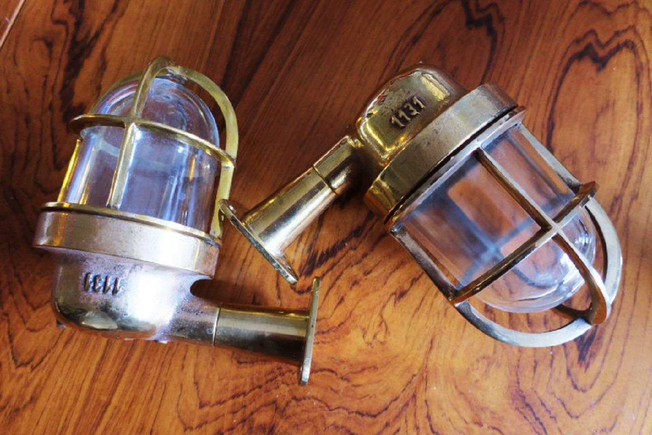 European Pair of Ship's Lights or Sconces in Brass and Glass For Sale