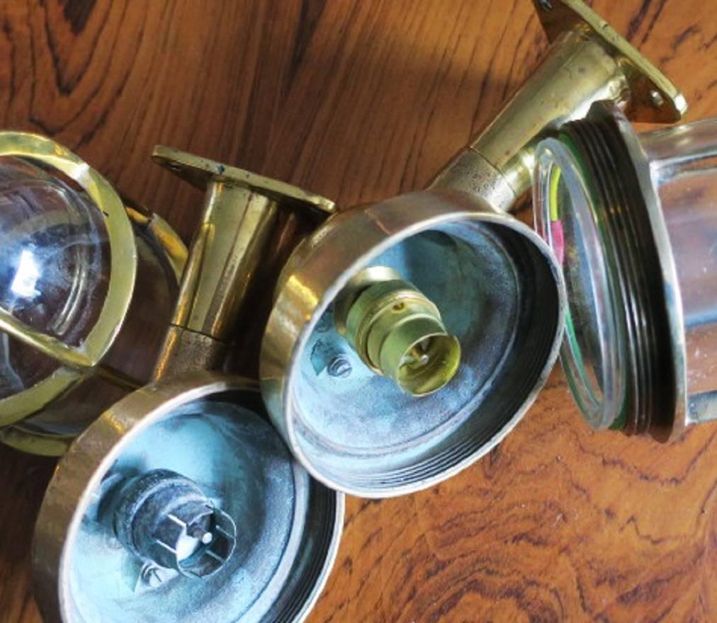 20th Century Pair of Ship's Lights or Sconces in Brass and Glass For Sale