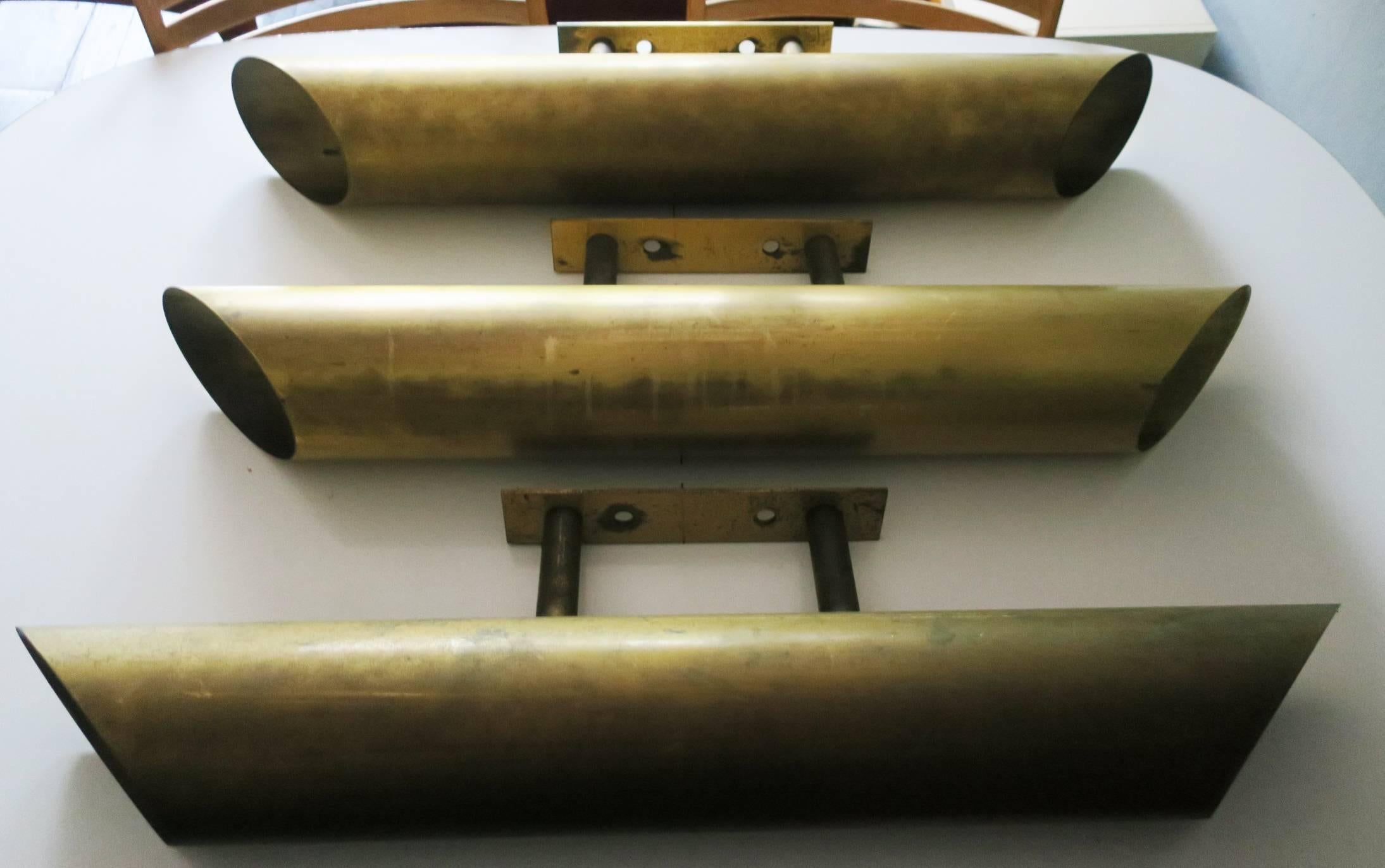 Three Bauhaus Large Solid Brass Sconces / Outside Lamps with Double Lights In Good Condition For Sale In Berlin, DE
