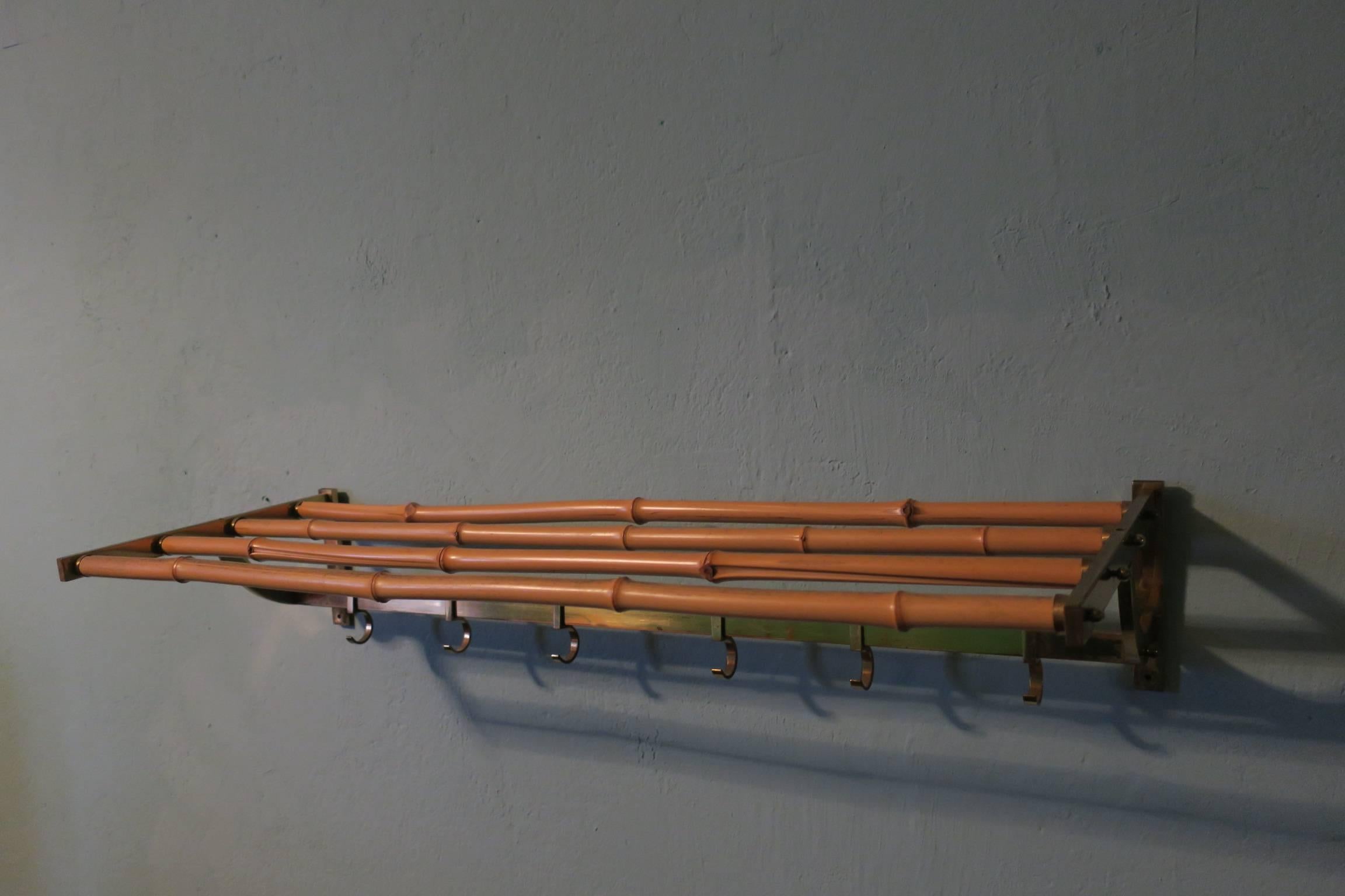 Vintage German Brass and Bamboo Coat Rack with Sliding Hooks In Good Condition For Sale In Berlin, DE