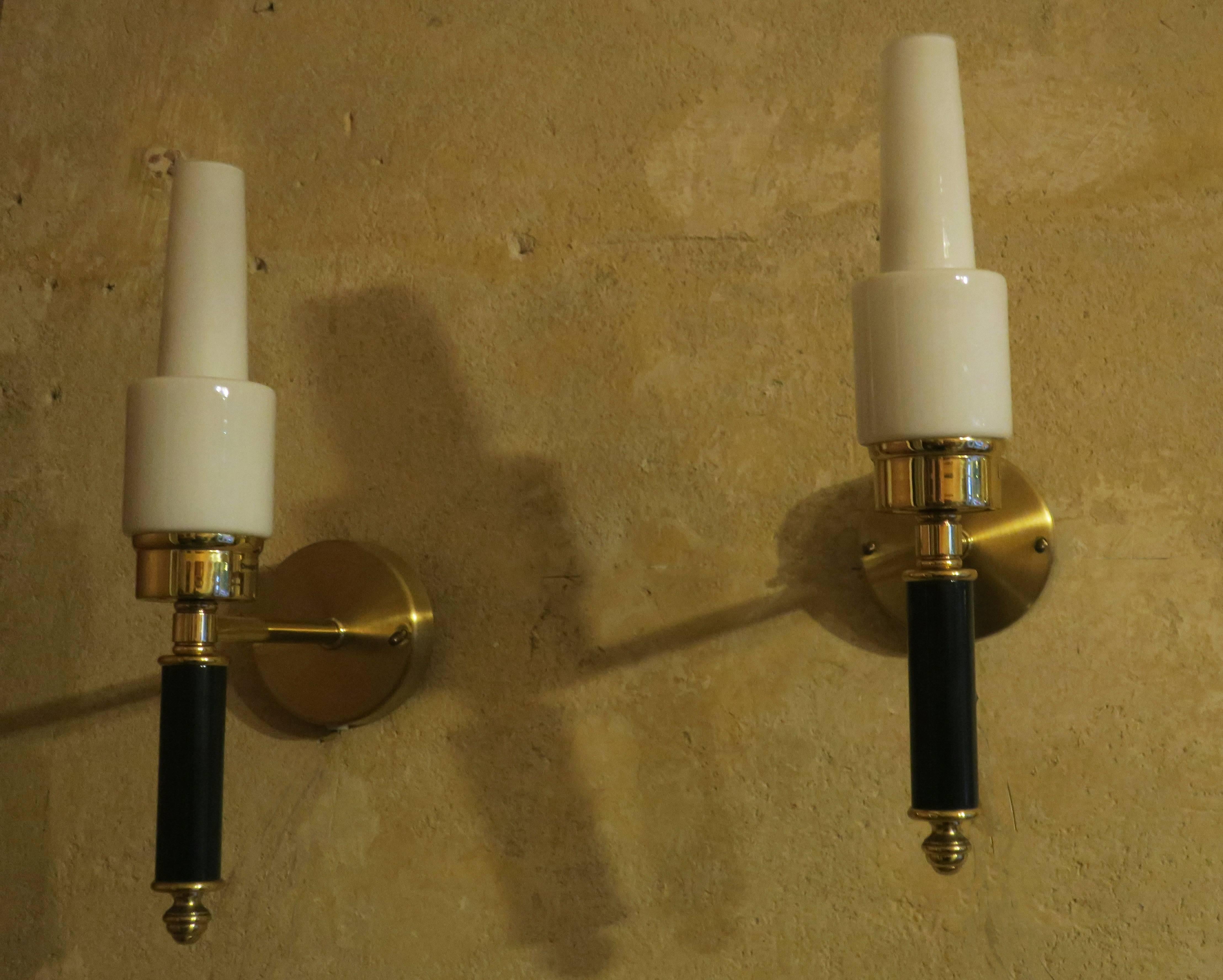 20th Century Pair of Swedish C E Fors for EWA Värnamo Brass and Milk Glass Sconces For Sale