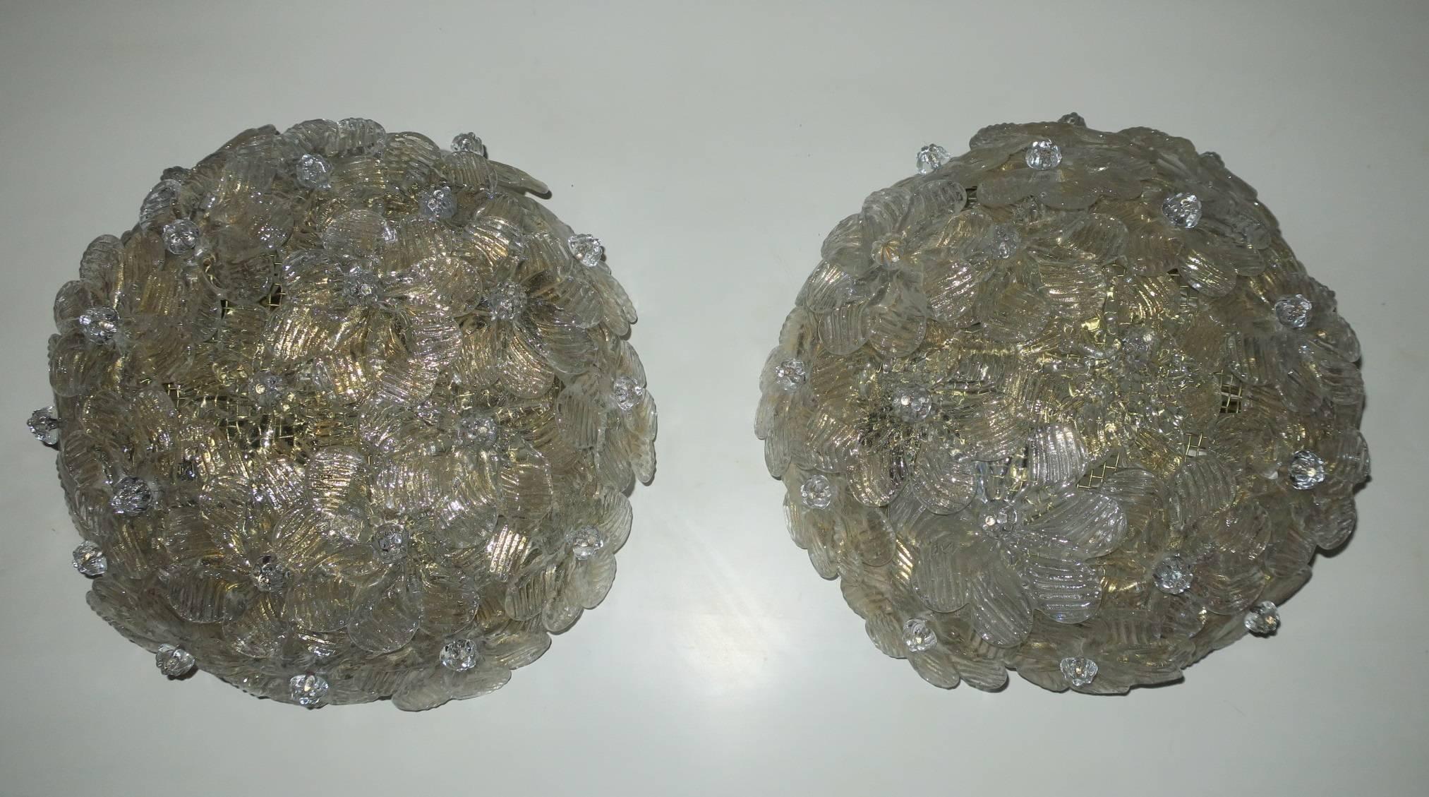 Italian Pair of Barovier and Toso Gold-Speckled Millefiori Sconces Flush Mount Lights  For Sale