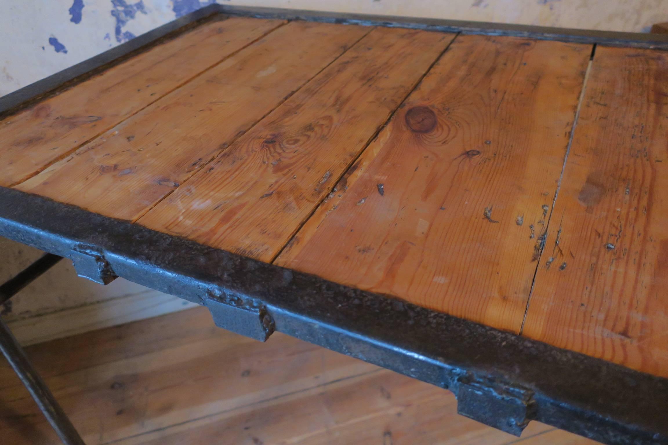 European Unique Vintage Industrial Iron and Wood Table with Character For Sale