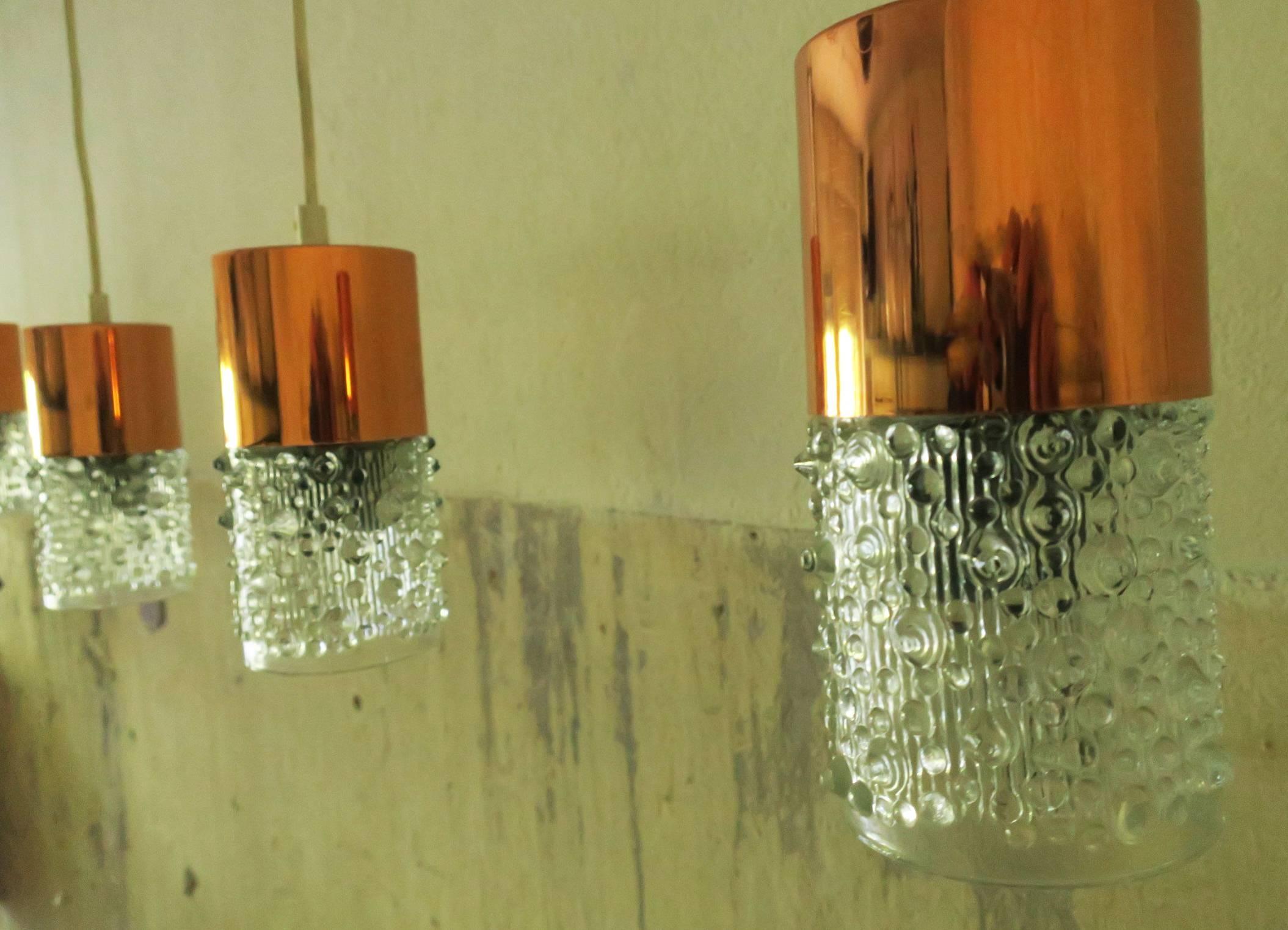 Six Doria Copper and Sculptural Glass Pendants, 1960s In Good Condition For Sale In Berlin, DE
