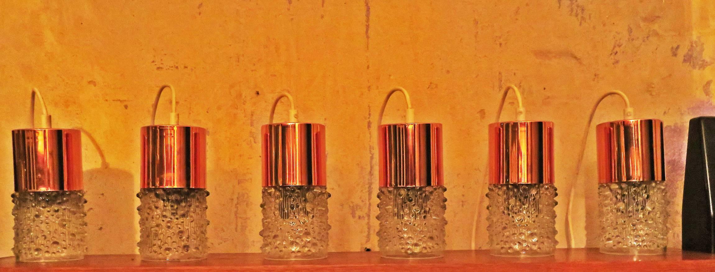 Six Doria Copper and Sculptural Glass Pendants, 1960s For Sale 1