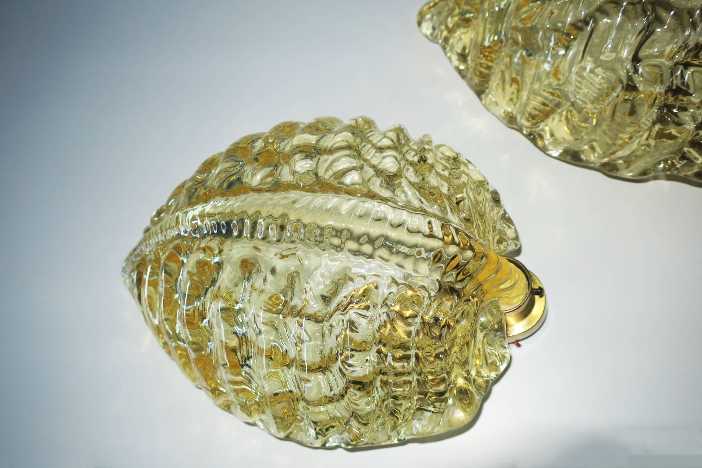 Swedish Pair of Turtle-Shaped Orrefors Amber Glass and Brass Sconces, 1960 For Sale