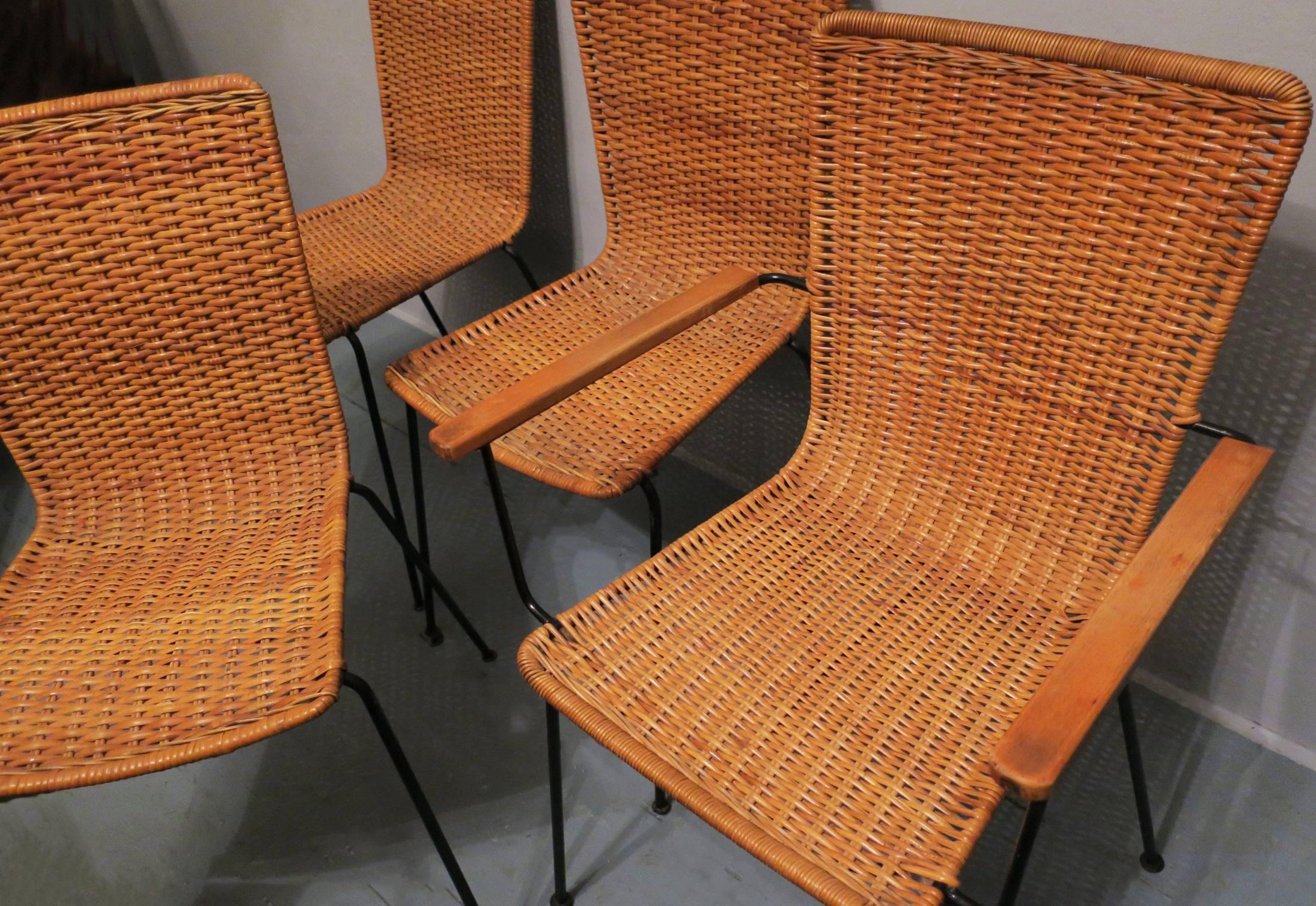 20th Century Set of Four Rattan and Iron Dining Chairs One with Armrests, Midcentury For Sale