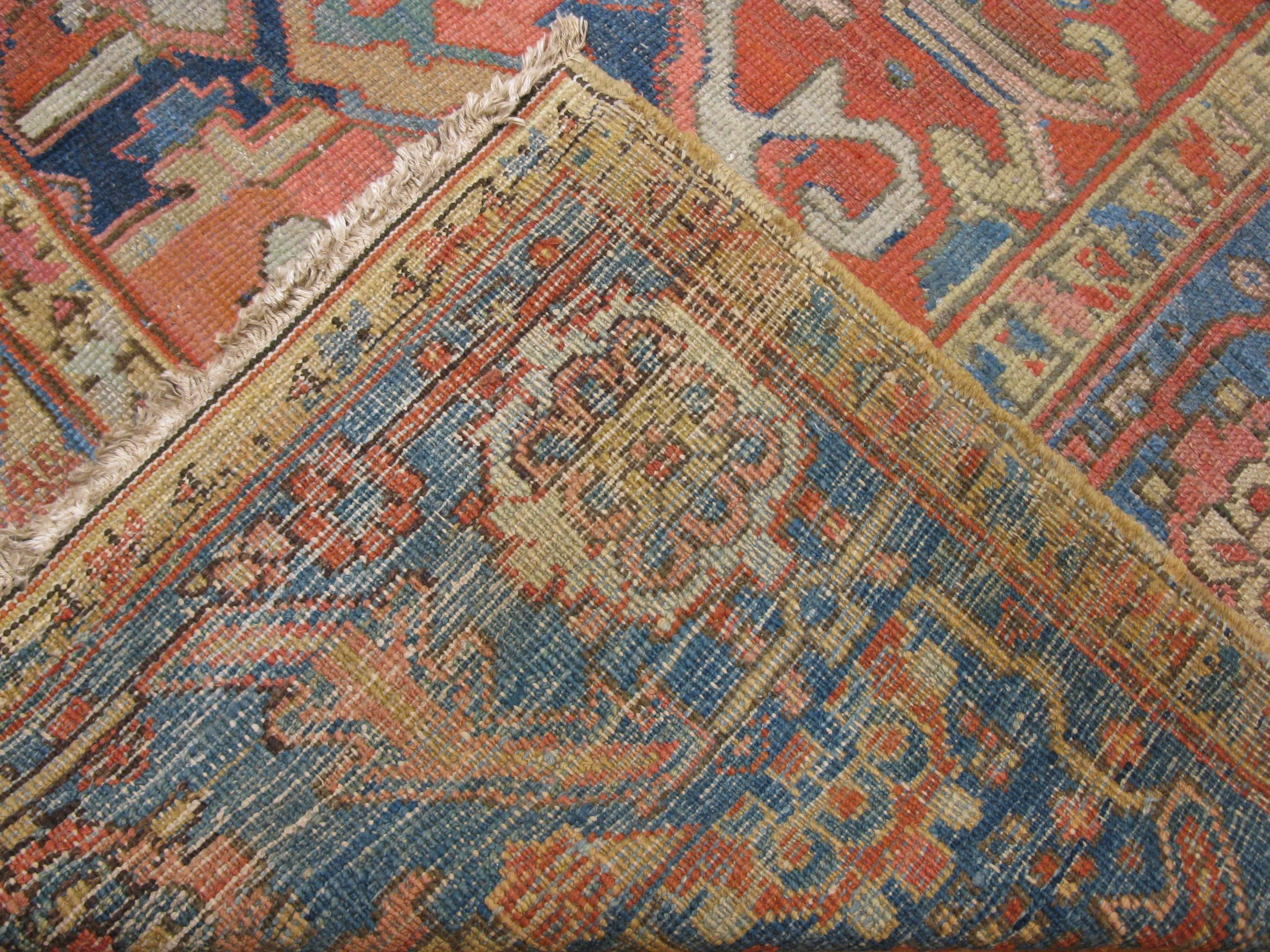 Early 20th Century Antique Hand-Knotted Wool Blue Persian Heriz Rug For Sale