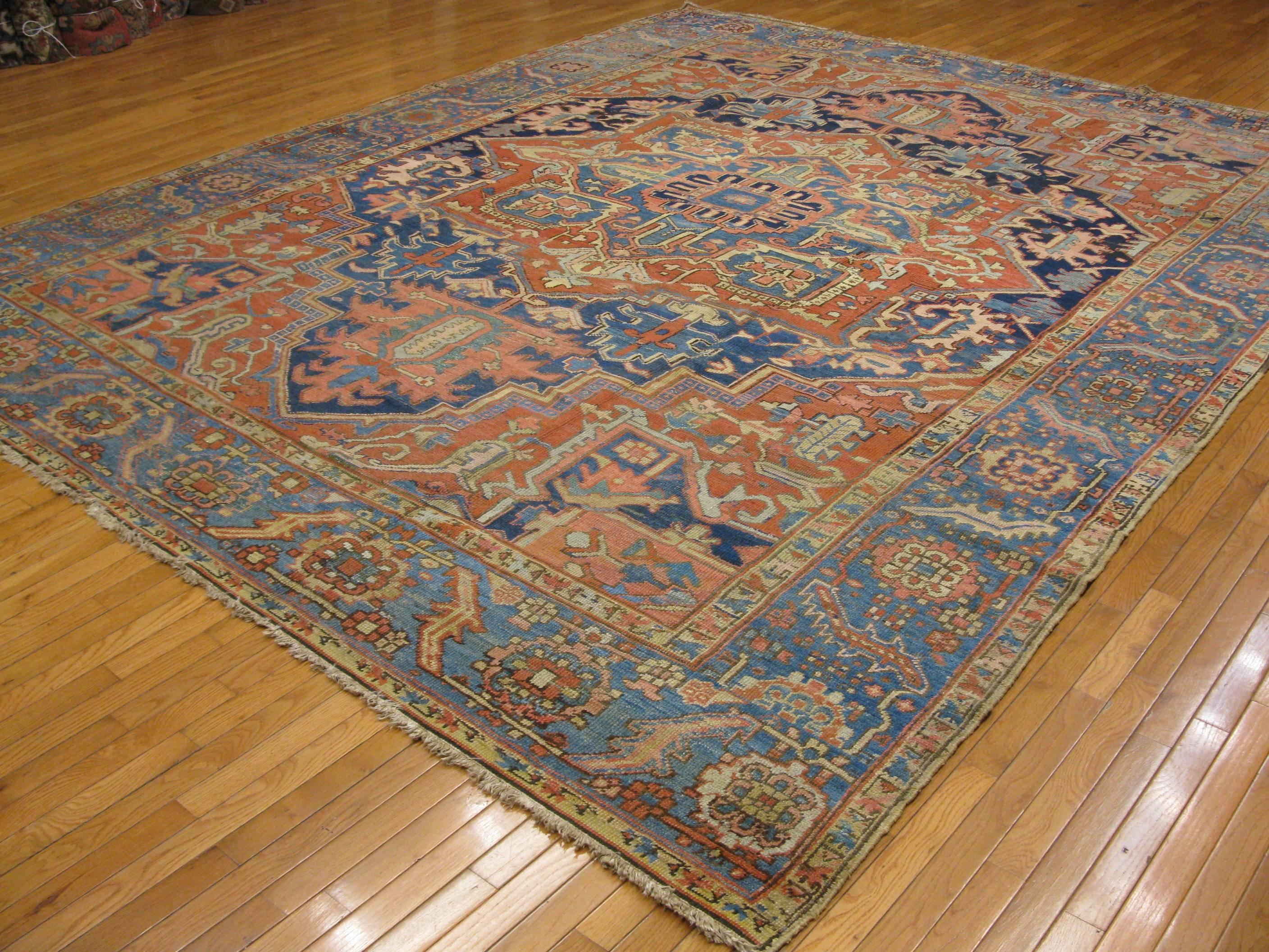 Antique Hand-Knotted Wool Blue Persian Heriz Rug For Sale 1