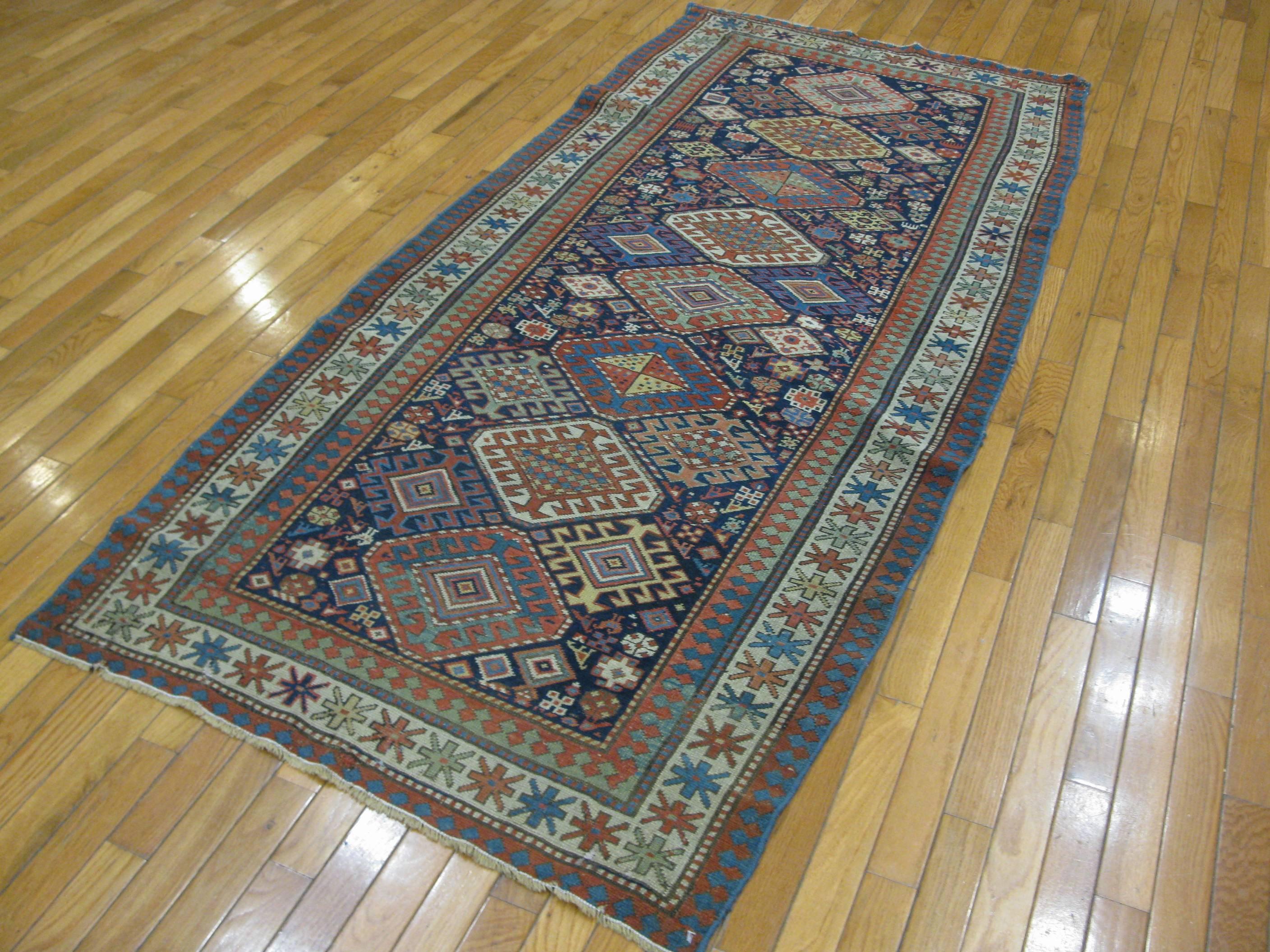 19th Century Antique Hand Knotted Wool Caucasian Shirvan Runner Rug For Sale