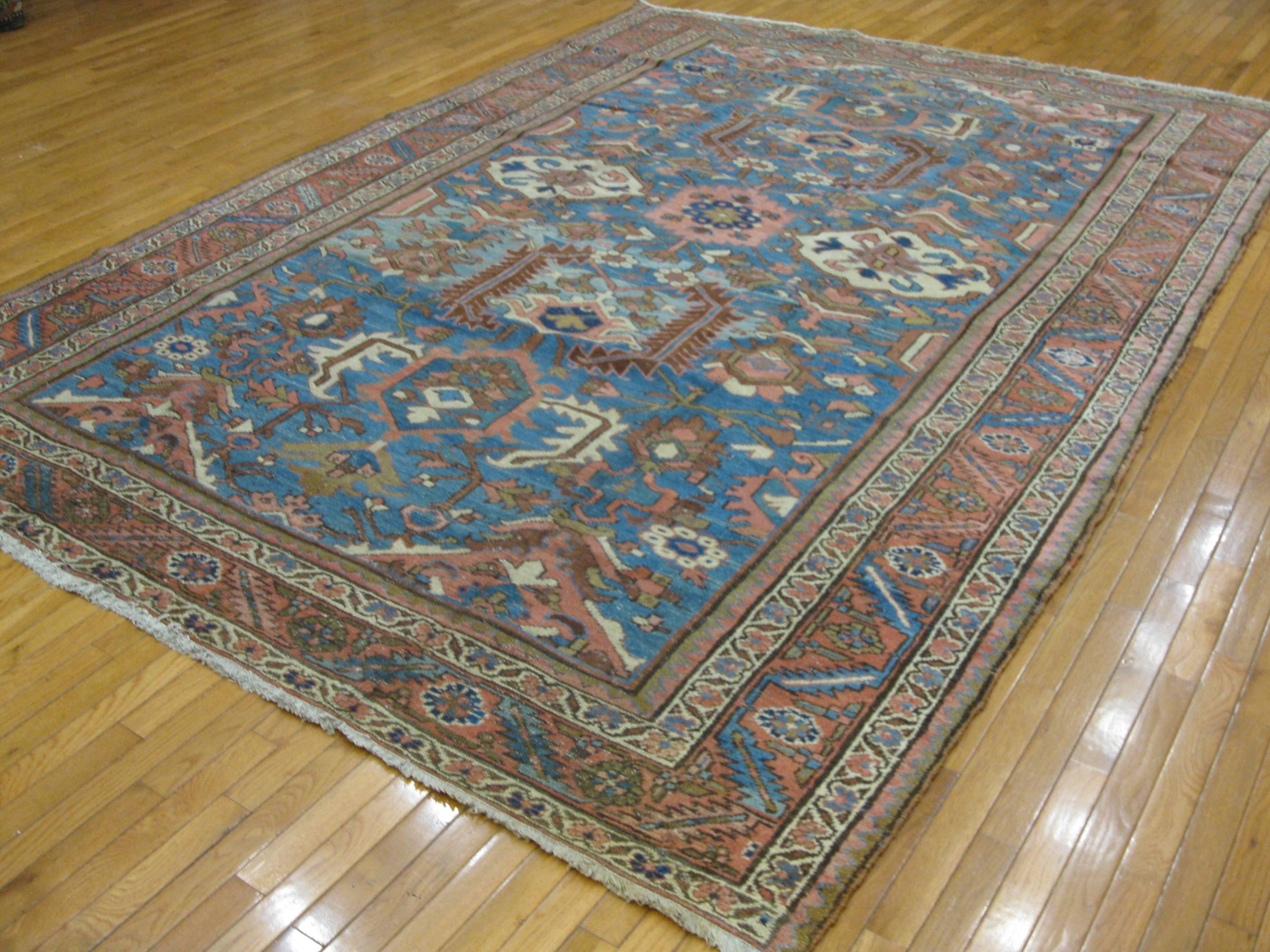 Antique Room Size Hand-Knotted Blue Wool Persian Serapi Rug 1