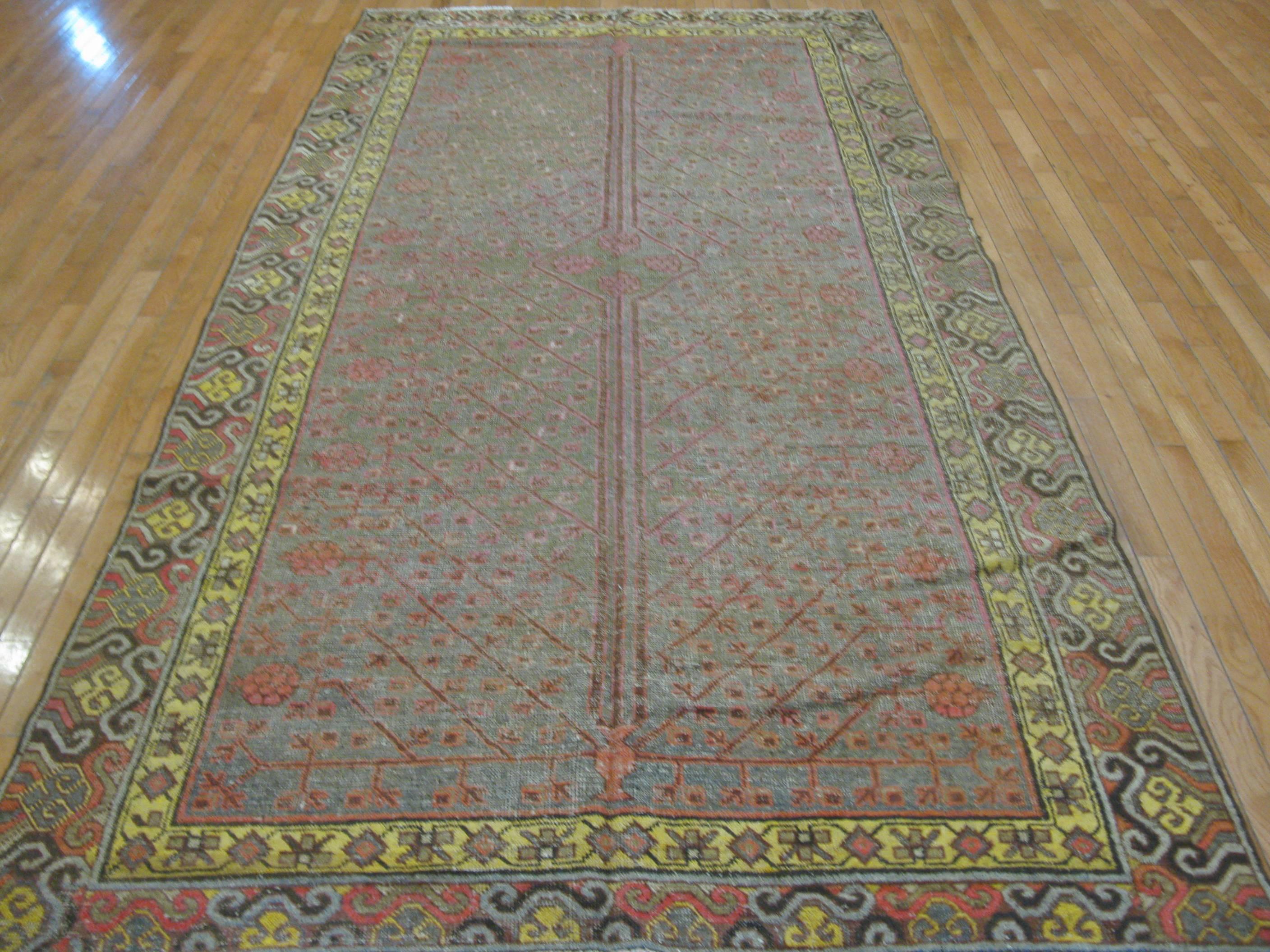 Antique Hand Knotted Wool Gallery Size Khotan Rug In Good Condition For Sale In Atlanta, GA