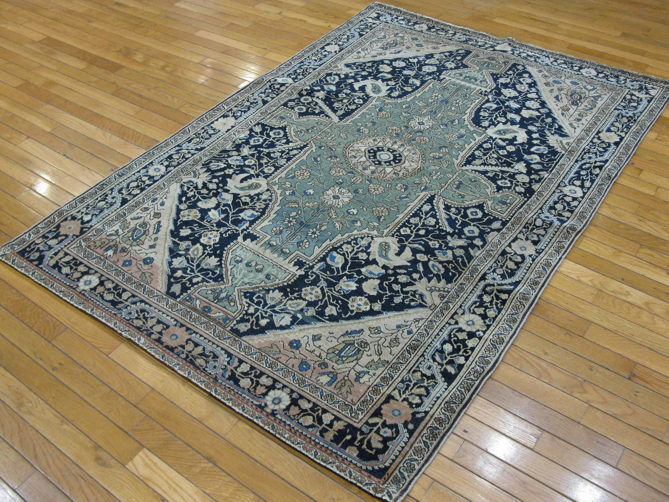 19th Century Antique Hand Knotted Navy Blue Wool Persian Sarouk Farahan Rug