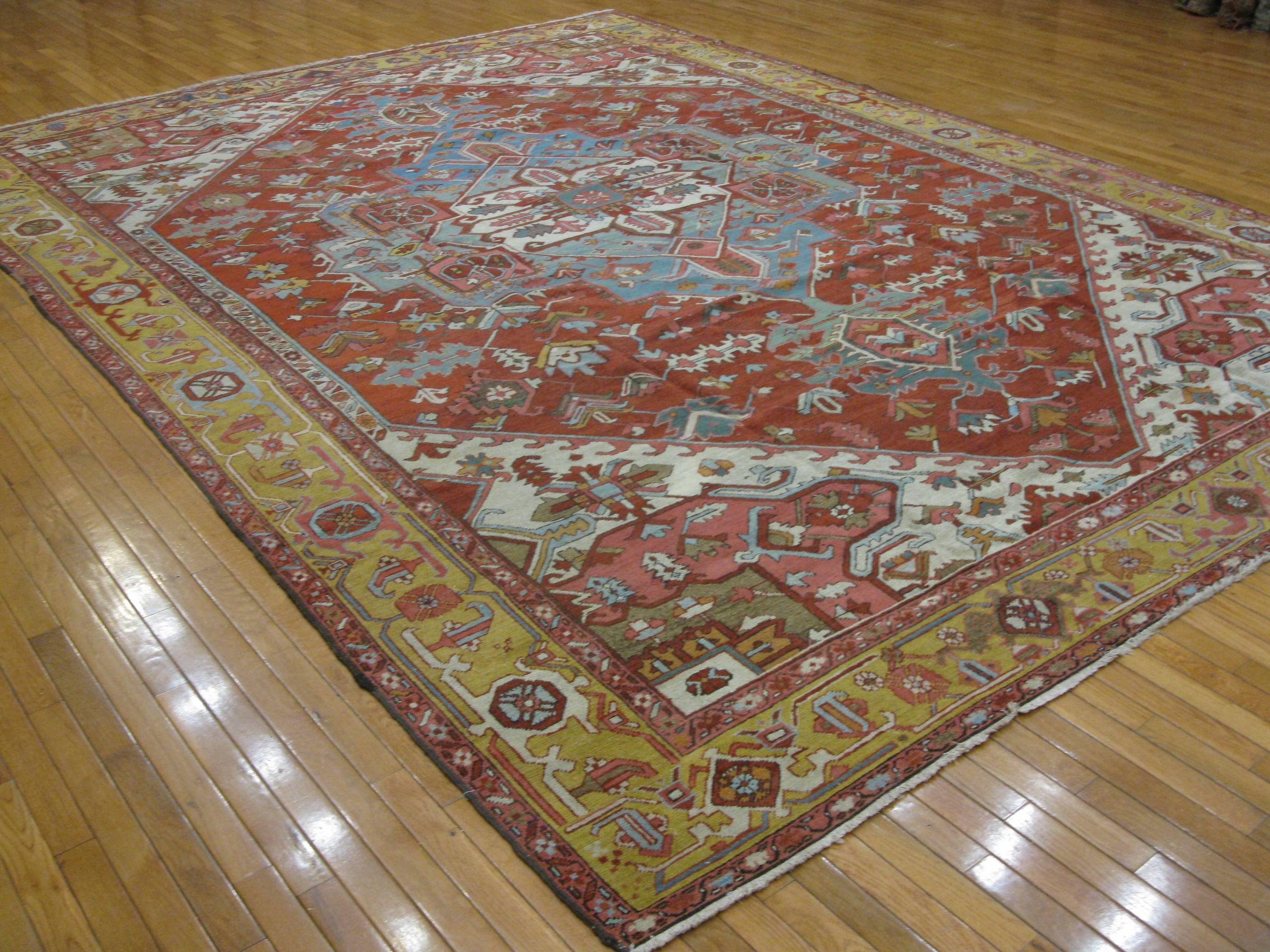 Heriz Serapi Large Room Size Antique Hand Knotted wool Red Teal and Gold Persian Serapi Rug For Sale