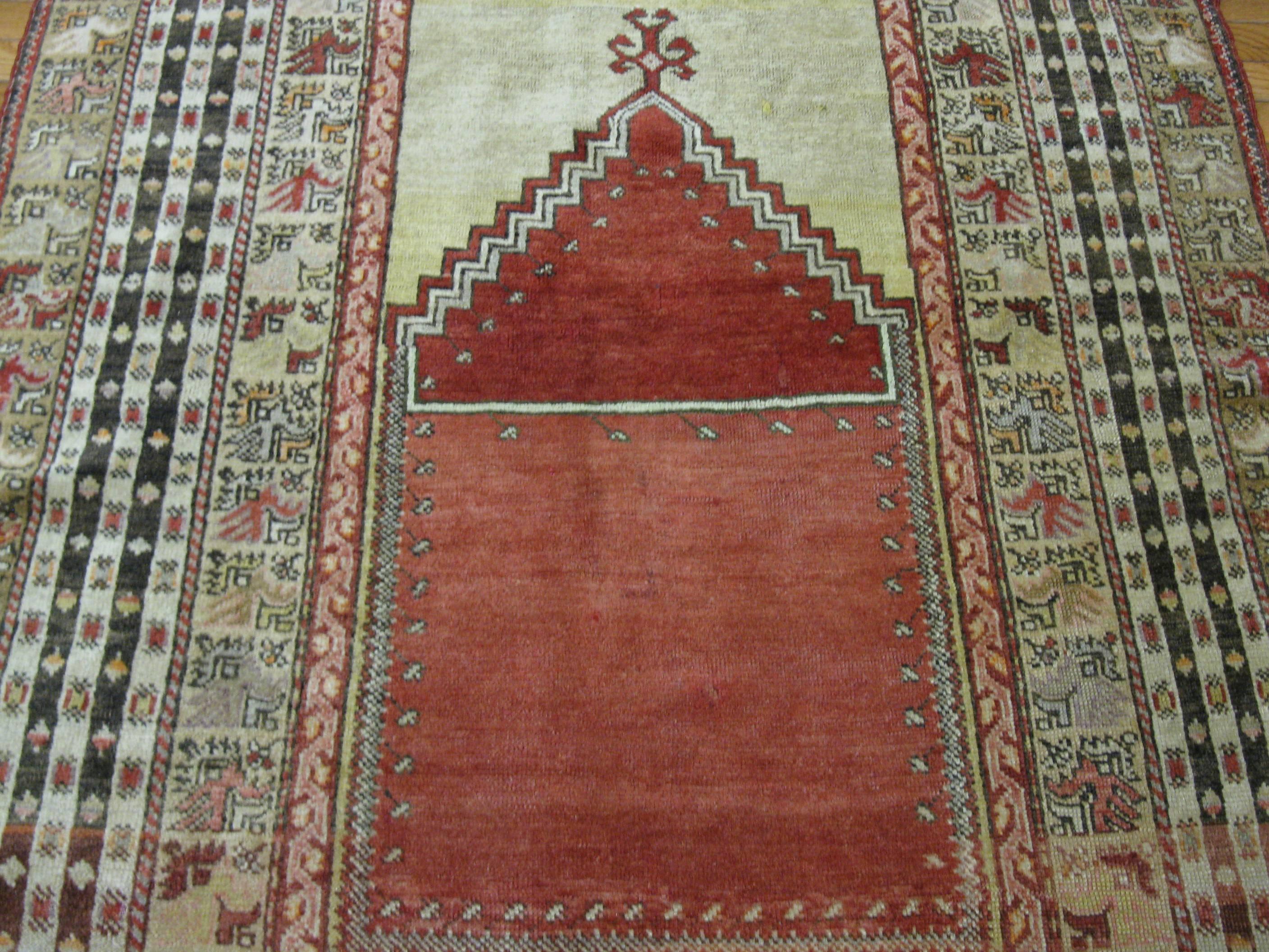 Oushak Small Hand Knotted Wool Turkish Rug In Red Color Field For Sale