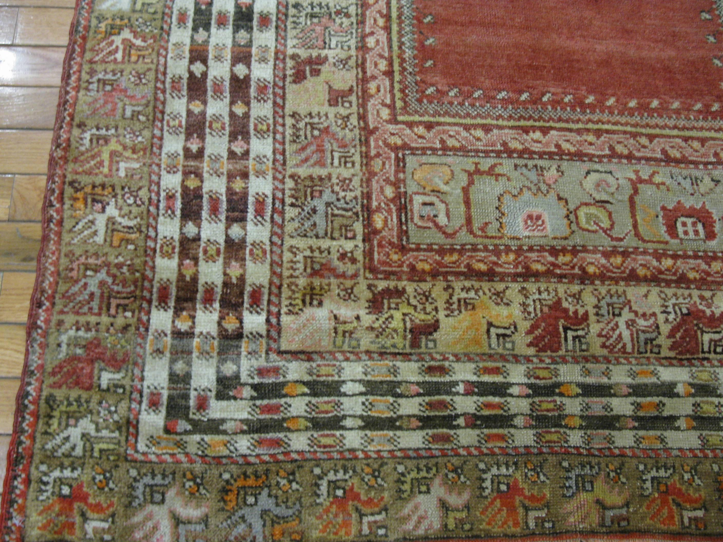 Hand-Knotted Small Hand Knotted Wool Turkish Rug In Red Color Field For Sale