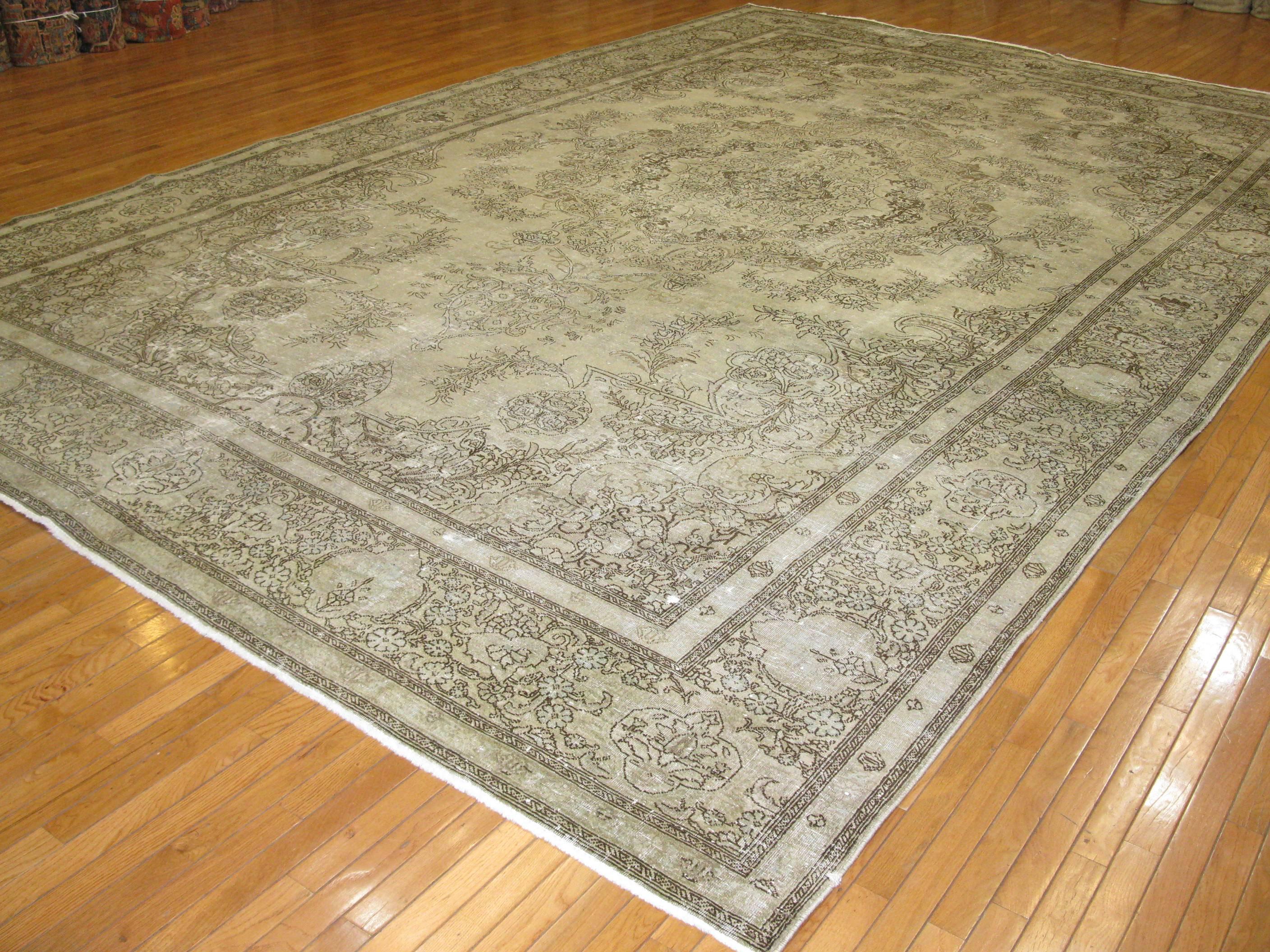Large Antique Hand-Knotted Distressed Persian Tabriz Rug  In Distressed Condition In Atlanta, GA