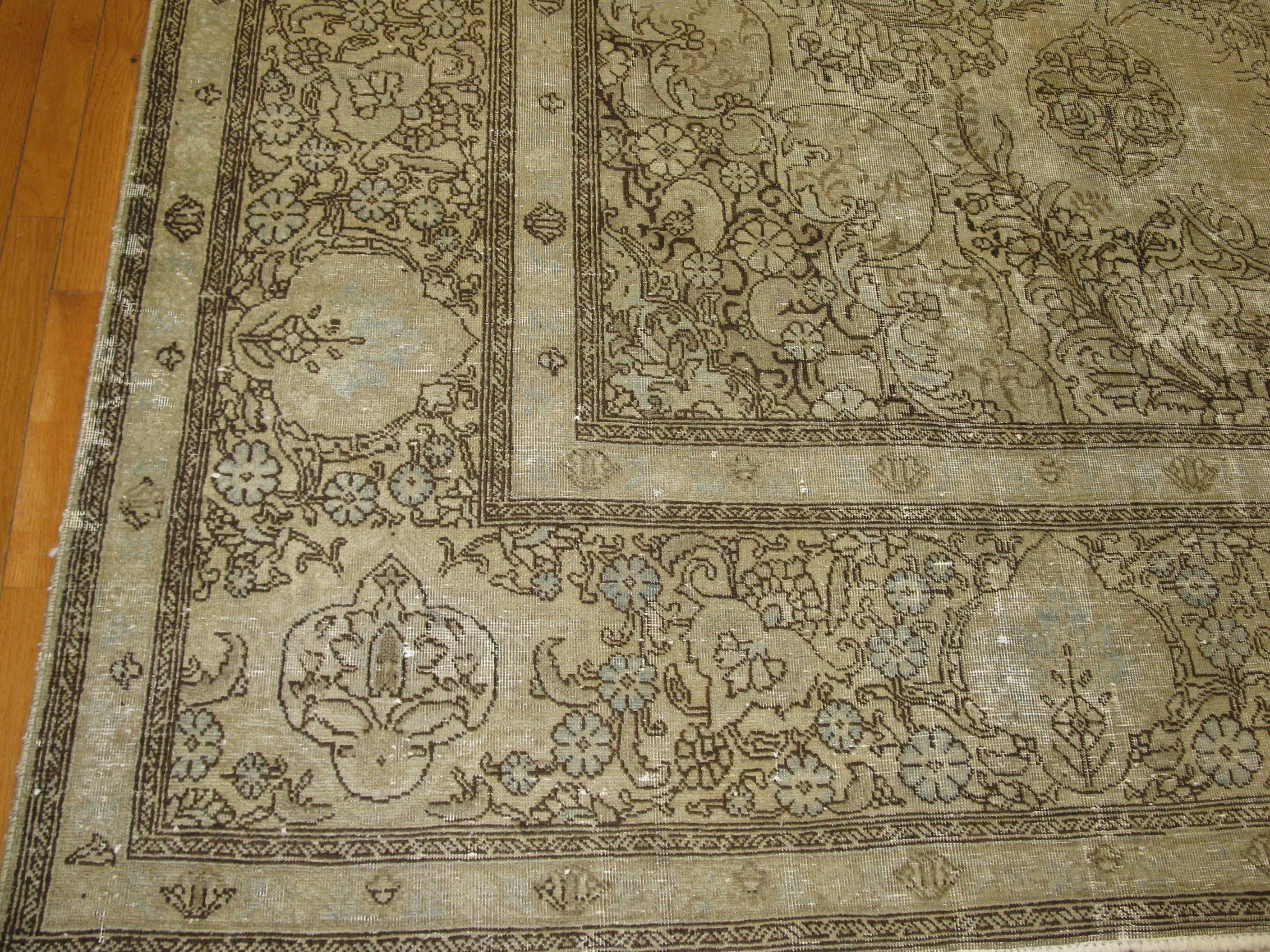 20th Century Large Antique Hand-Knotted Distressed Persian Tabriz Rug 
