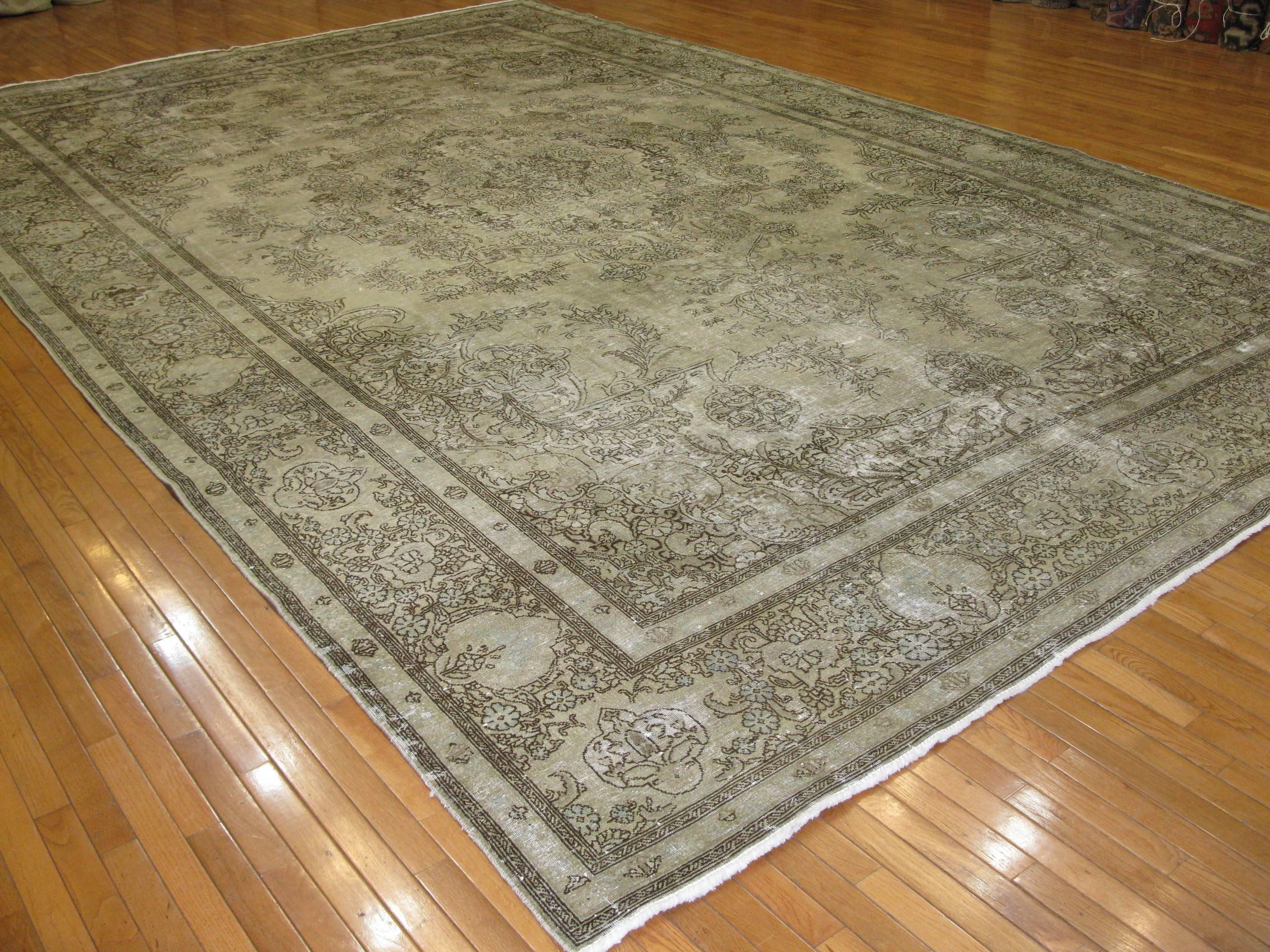 Large Antique Hand-Knotted Distressed Persian Tabriz Rug  1