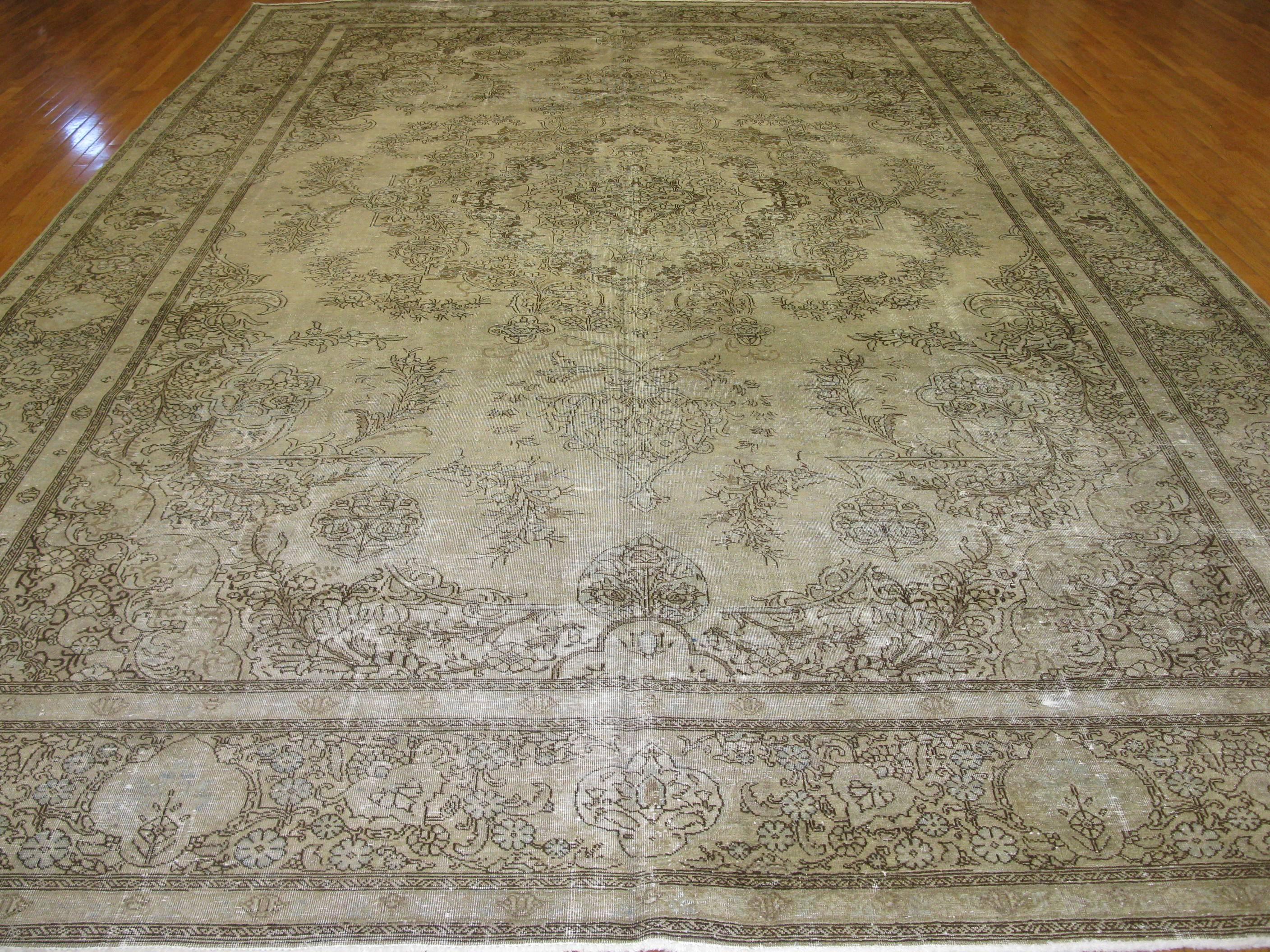 Wool Large Antique Hand-Knotted Distressed Persian Tabriz Rug 