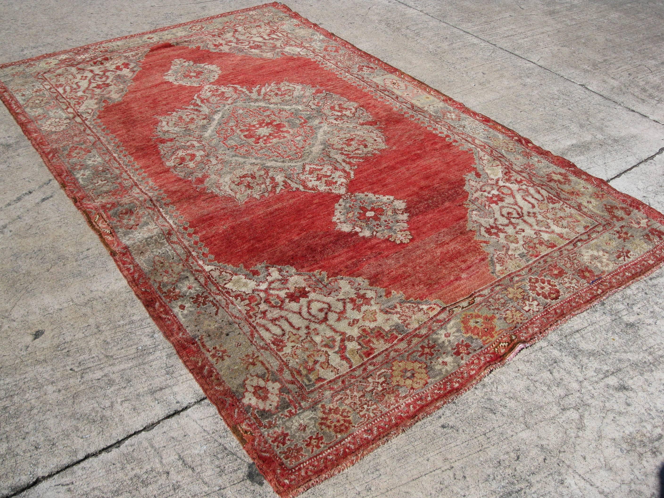 Wool Antique Hand Knotted Turkish Oushak Rug For Sale
