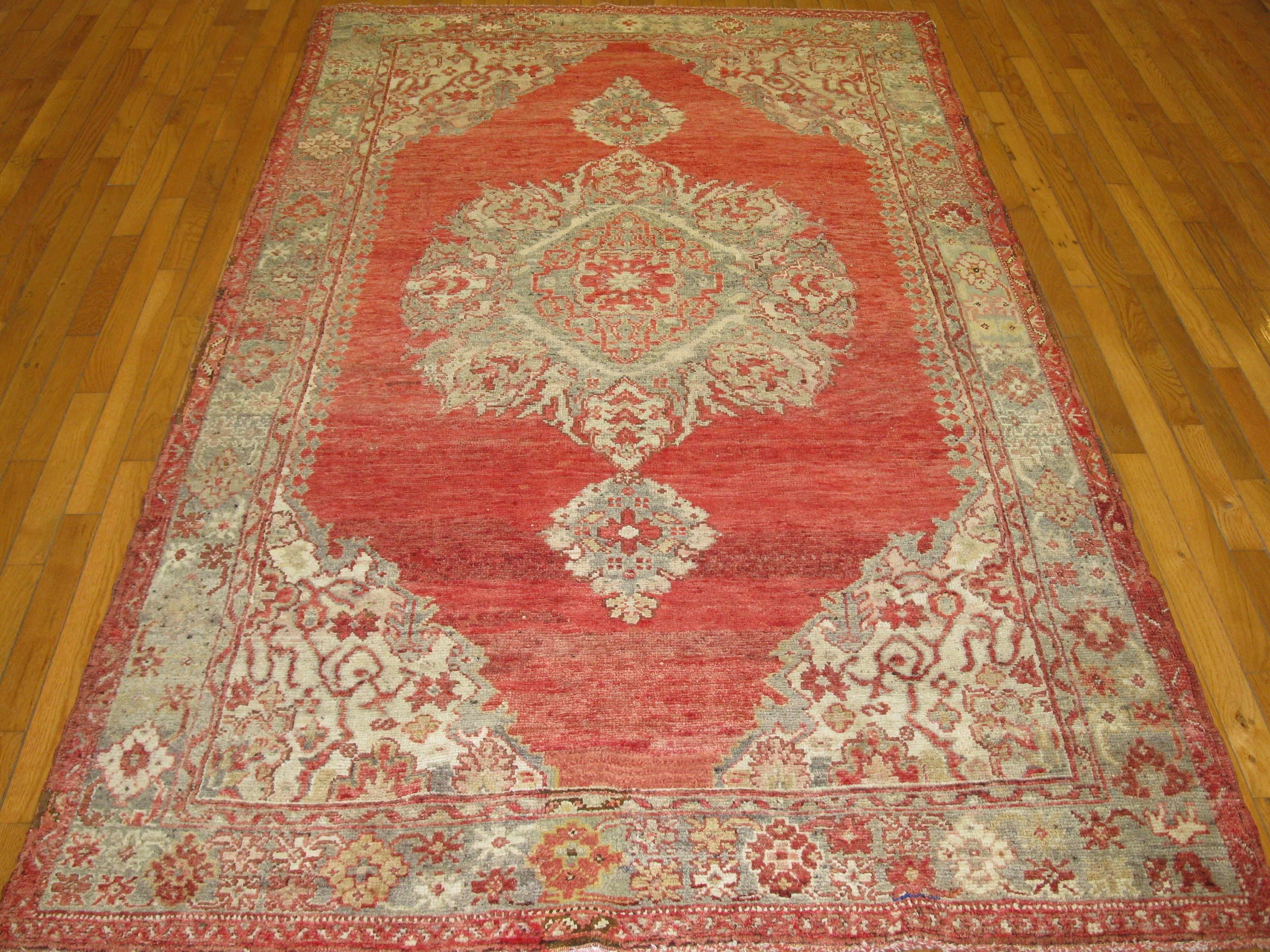 Antique Hand Knotted Turkish Oushak Rug For Sale 1
