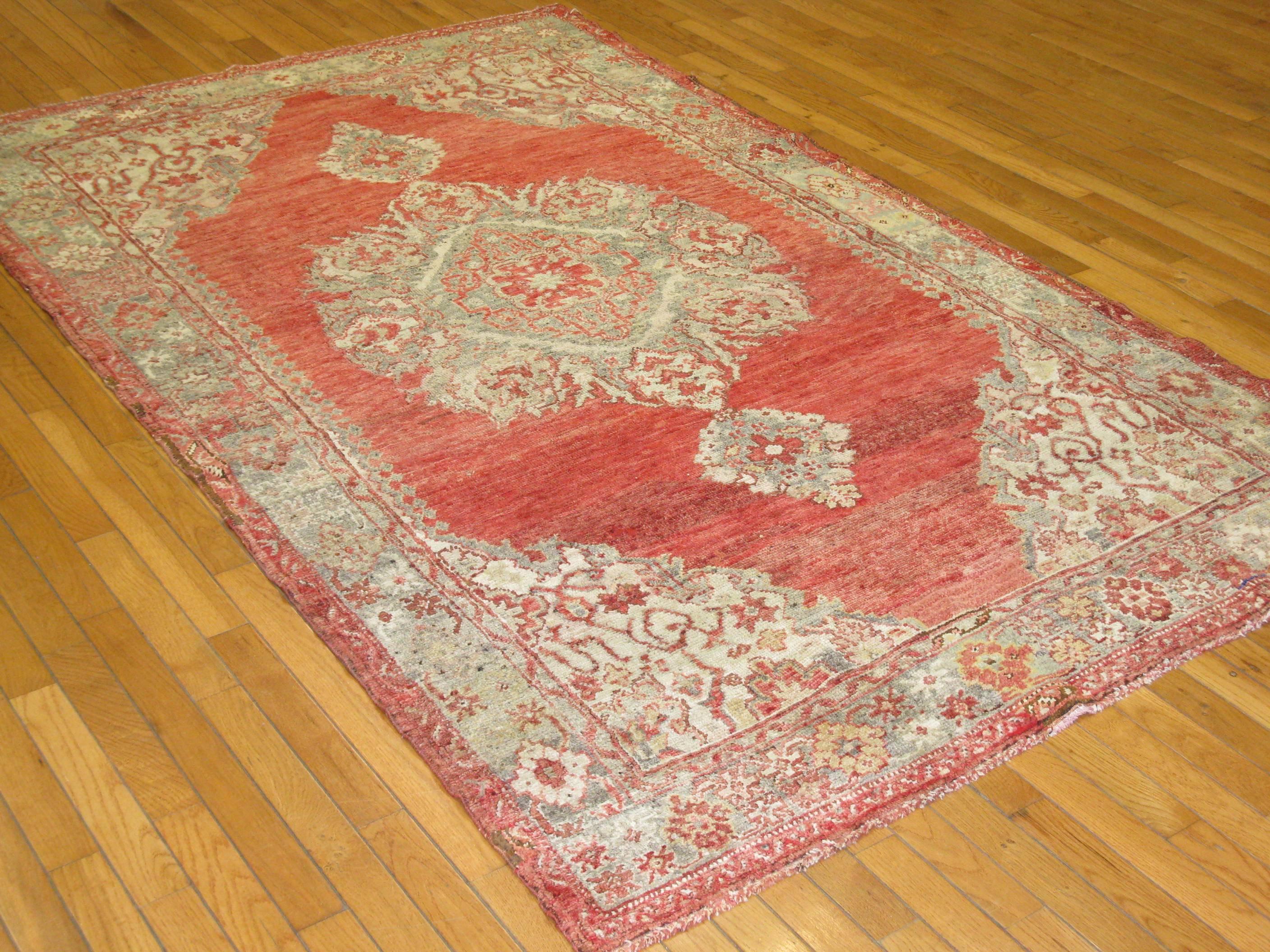 Antique Hand Knotted Turkish Oushak Rug For Sale 3