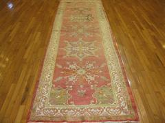 Semi Antique Handmade Coral Color Wool Turkish Oushak Runner Rug